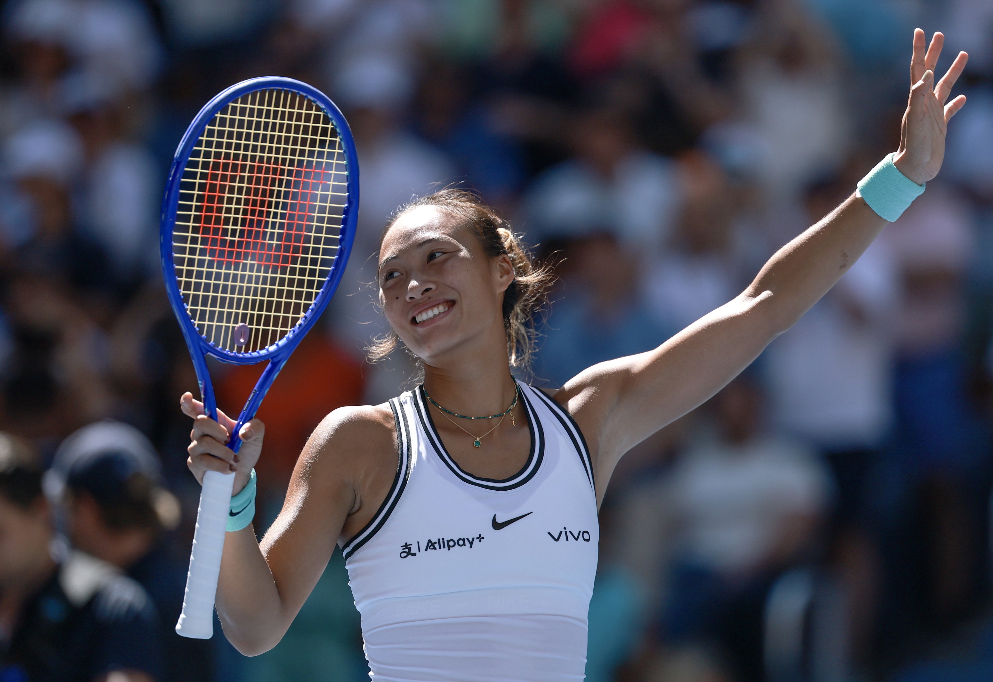 Zheng Qinwen is all smiles after her stunning US Open women’s singles victory over Iga Swiatek. Photo: EPA