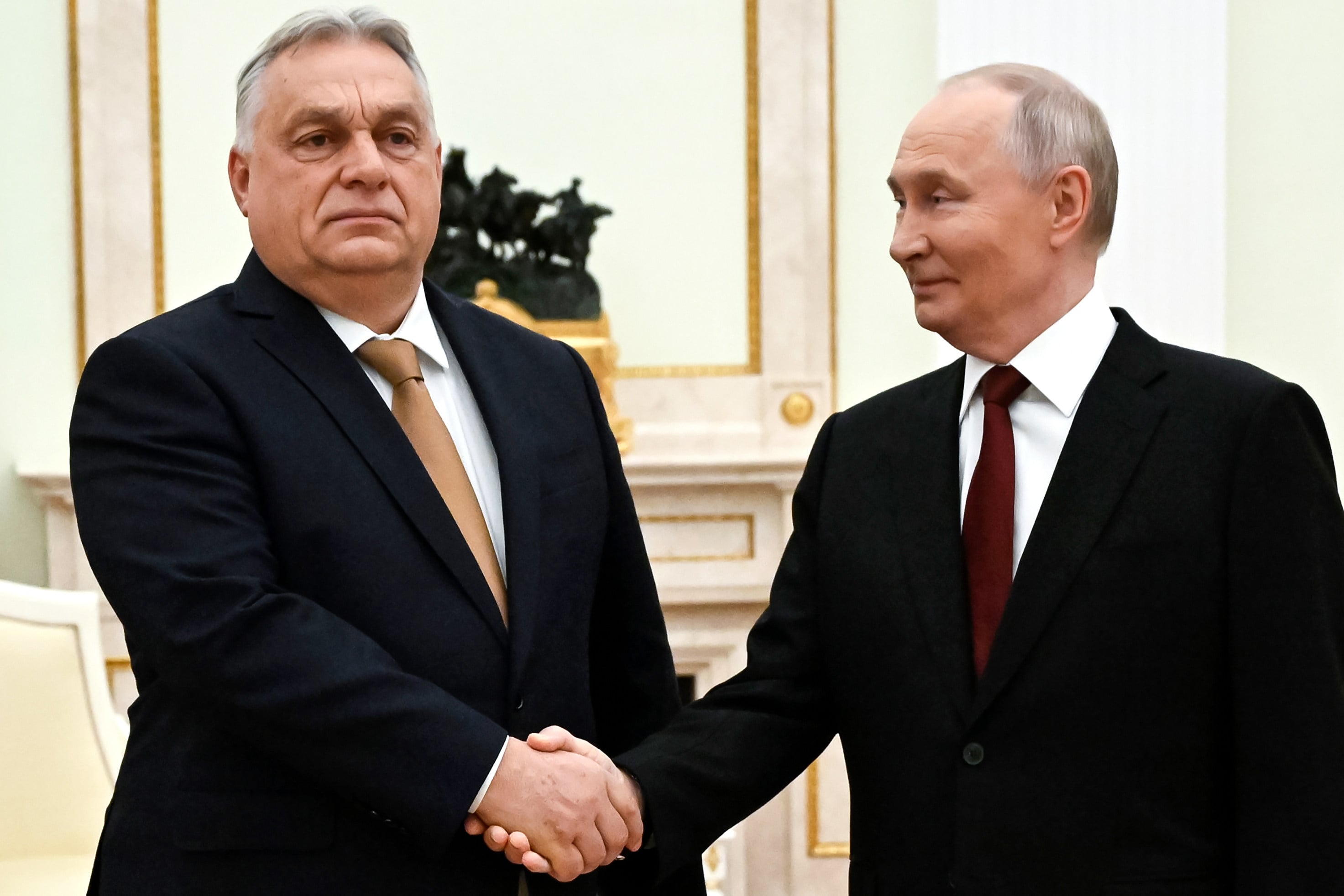 Then Hungarian Prime Minister Viktor Orban and Russian President Vladimir Putin shake hands during their meeting at the Senate Palace of the Kremlin in Moscow, Russia, in November 2025. Photo: Poll via AP