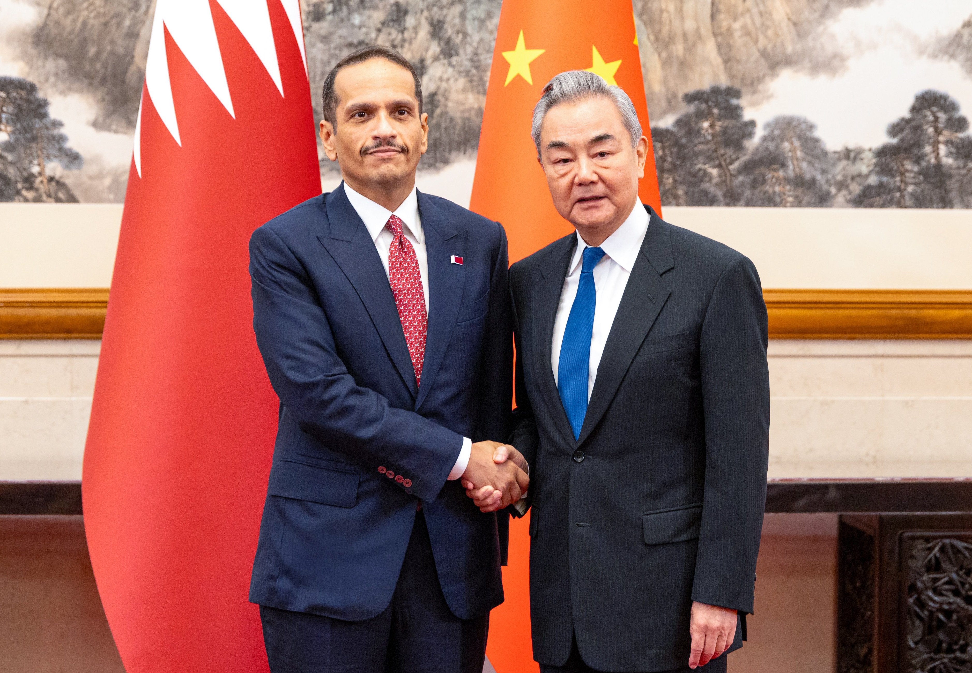 Qatari Prime Minister and Foreign Minister Sheikh Mohammed bin Abdulrahman Al-Thani meets with Chinese Foreign Minister Wang Yi in Beijing on Tuesday. Photo: Ministry of Foreign Affairs of Qatar