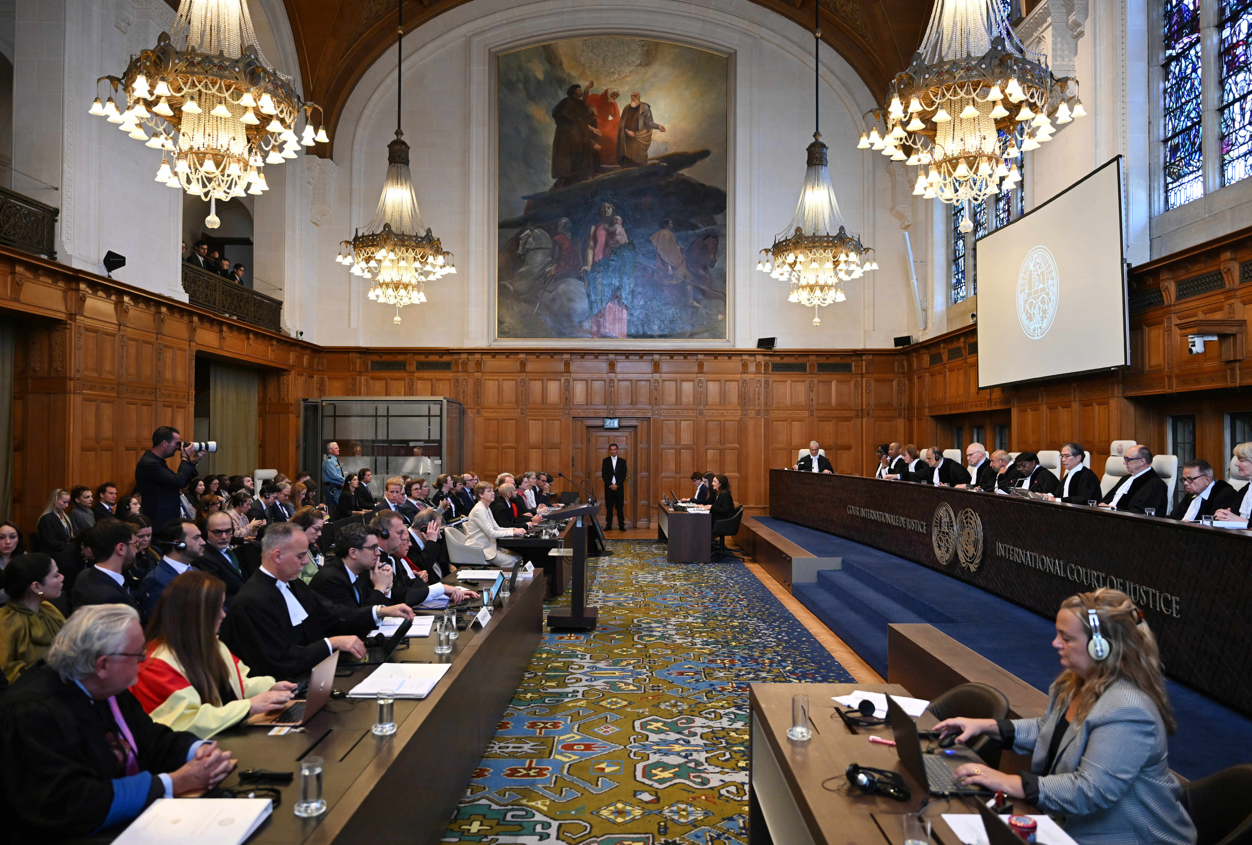 Judges of the International Court of Justice on the bench during the public hearings at the Peace Palace in The Hague, the Netherlands, on Monday. Photo: AP
