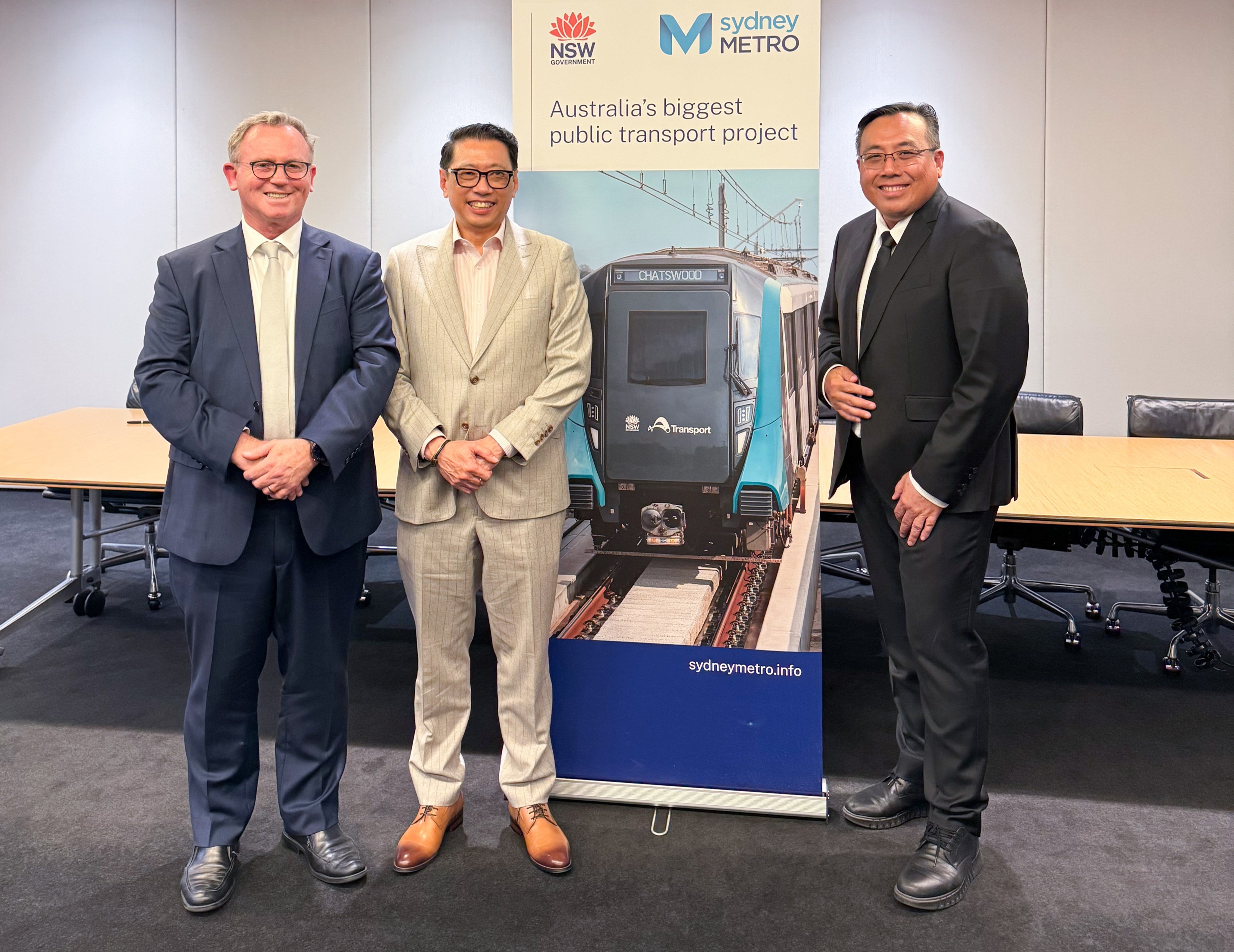 (From left) Brian Downie, the MTR Corp's CEO of Australian business, joins Gamuda CEO Ewan Yee and David Ng, Gamuda’s chief financial officer, for the signing of the Parramatta Integrated Station Development contract. Photo: Handout