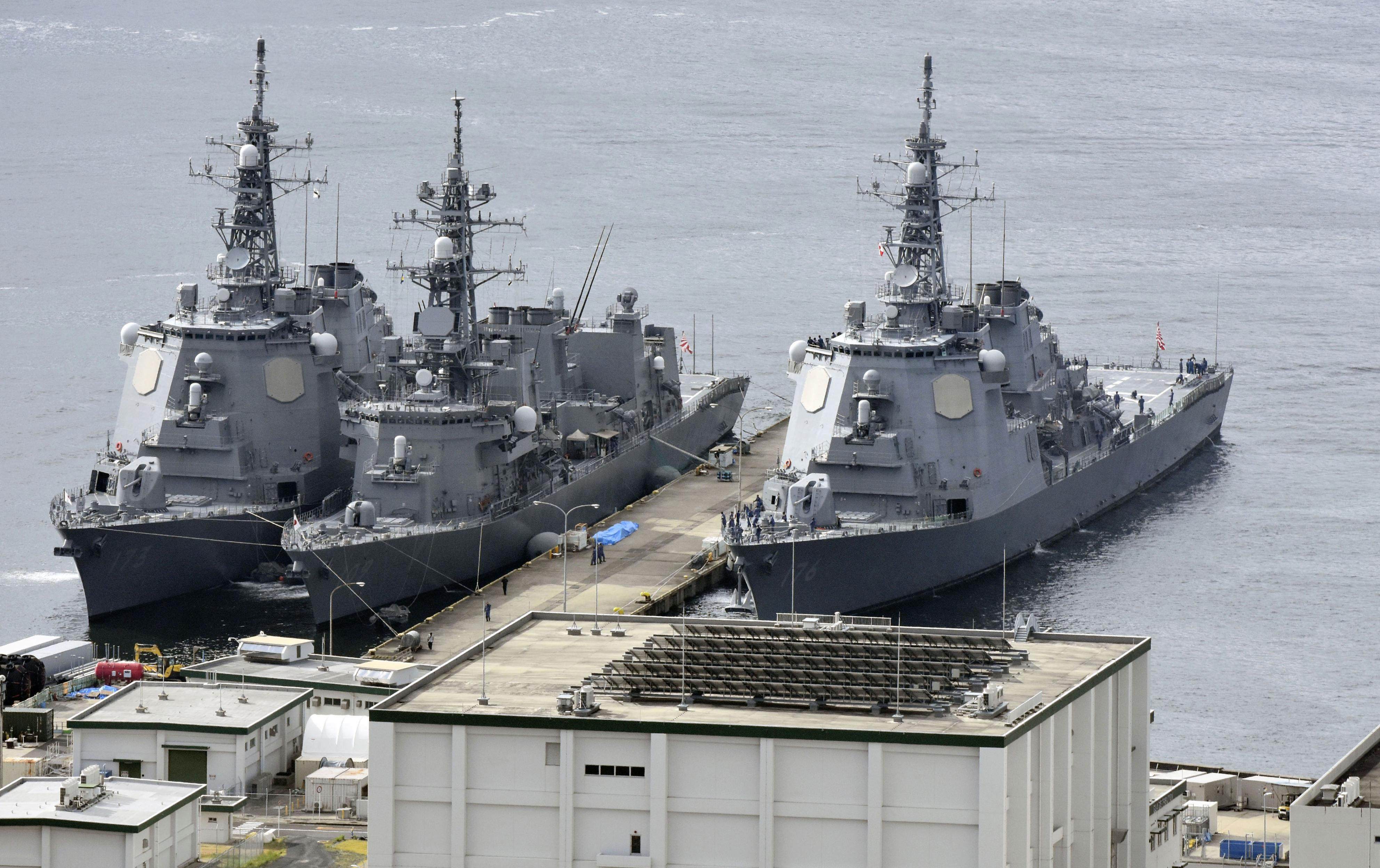 The Japanese Maritime Self-Defense Force’s Aegis-equipped destroyer Chokai (right) in Sasebo, Nagasaki Prefecture, on August 30, 2026. Photo: Kyodo