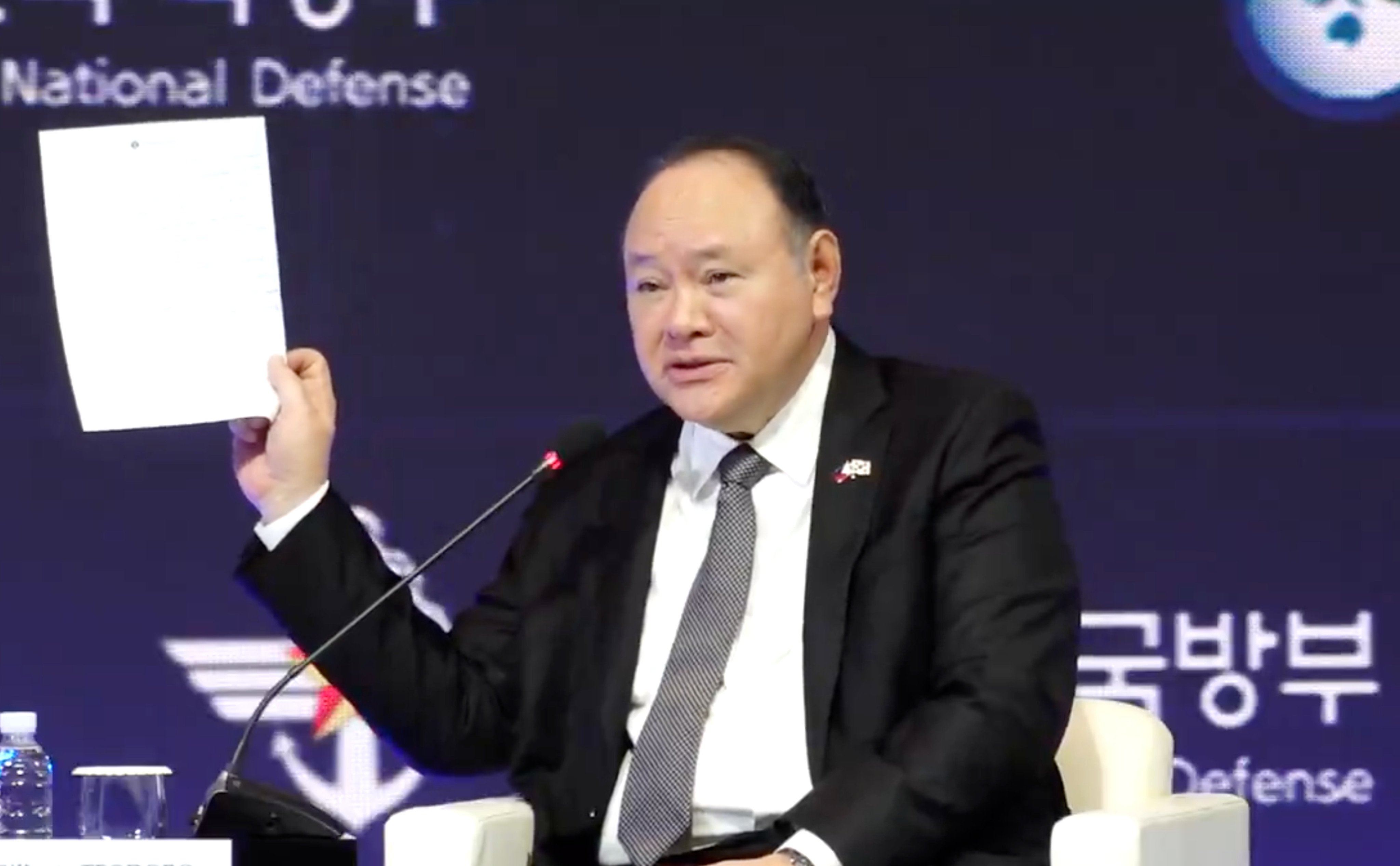 Gilberto Teodoro Jnr read aloud from a note from a Chinese emissary, prompting  China’s foreign ministry to protest and accuse Manila of "grandstanding and lying". Photo: X/ Department of National Defence - Philippines