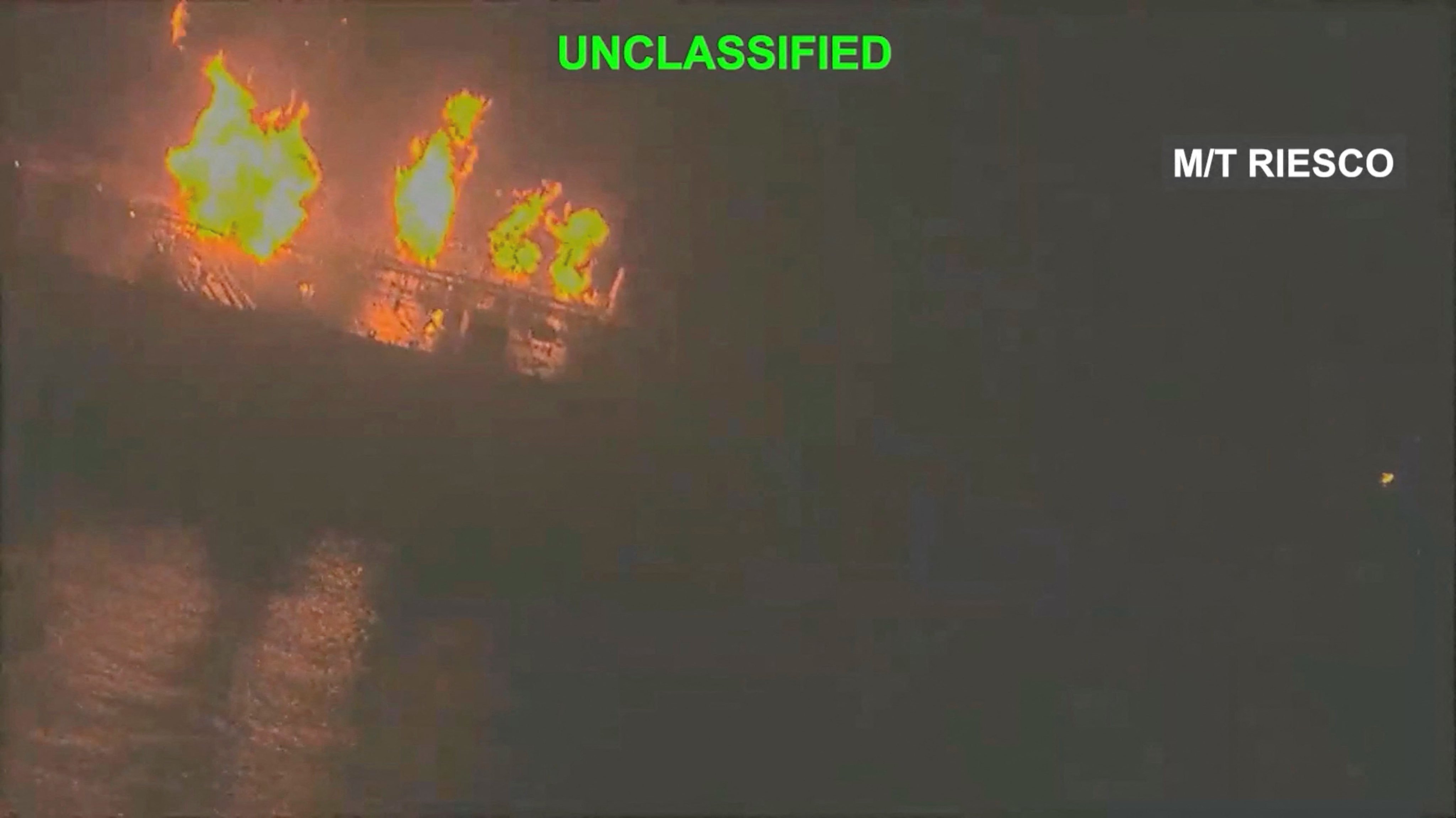 The M/T Riesco on fire following a strike by US forces. Photo: CENTCOM via Reuters