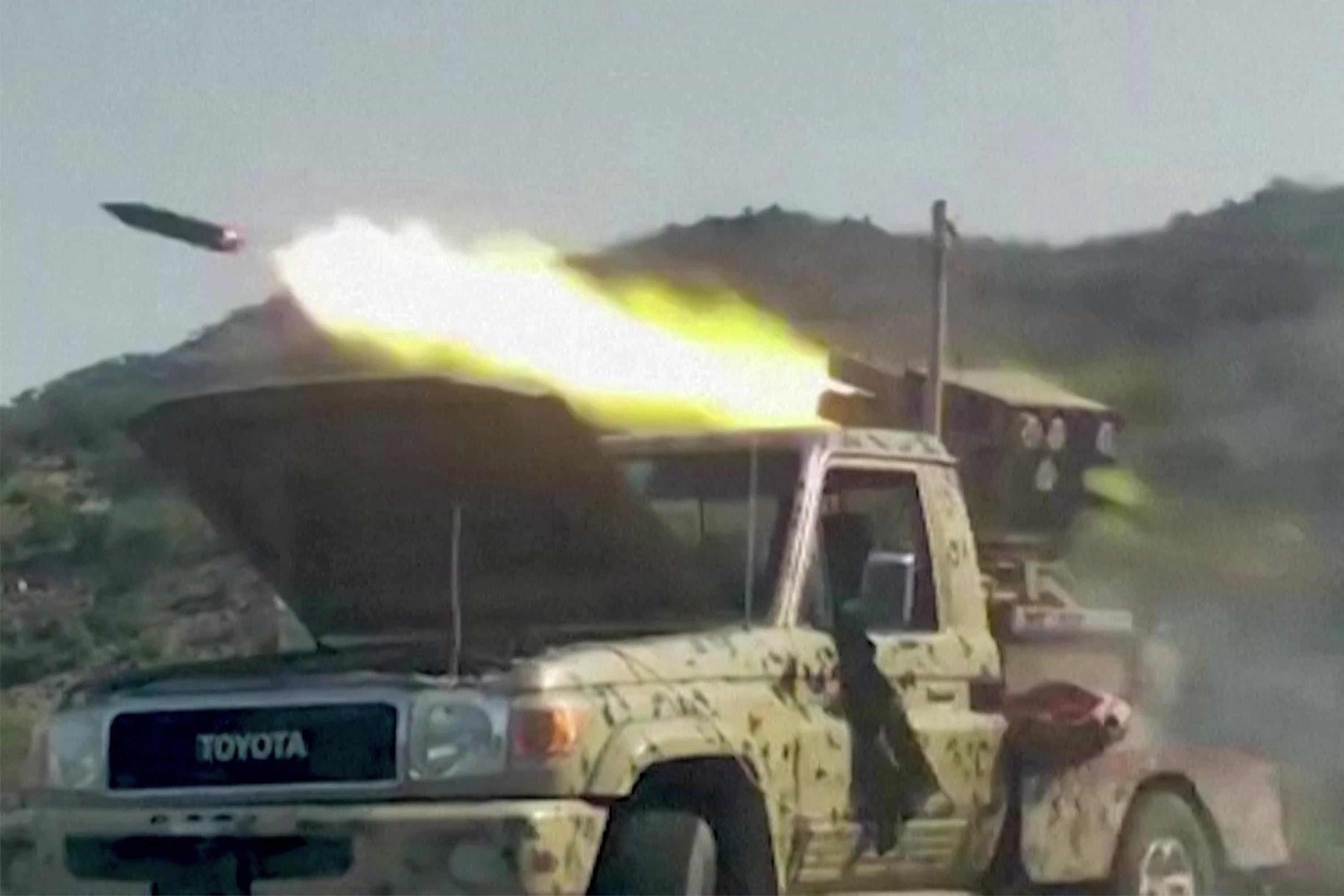 A rocket being fired from a vehicle as Yemeni government forces and National Resistance Forces fire at Houthi fighters west of the city of Taiz in Yemen’s western Taiz province. Yemen’s Houthi rebels struck a series of targets in Saudi Arabia on Tuesday, wounding 73, in their heaviest attack since the conflict reignited. Photo: AFP