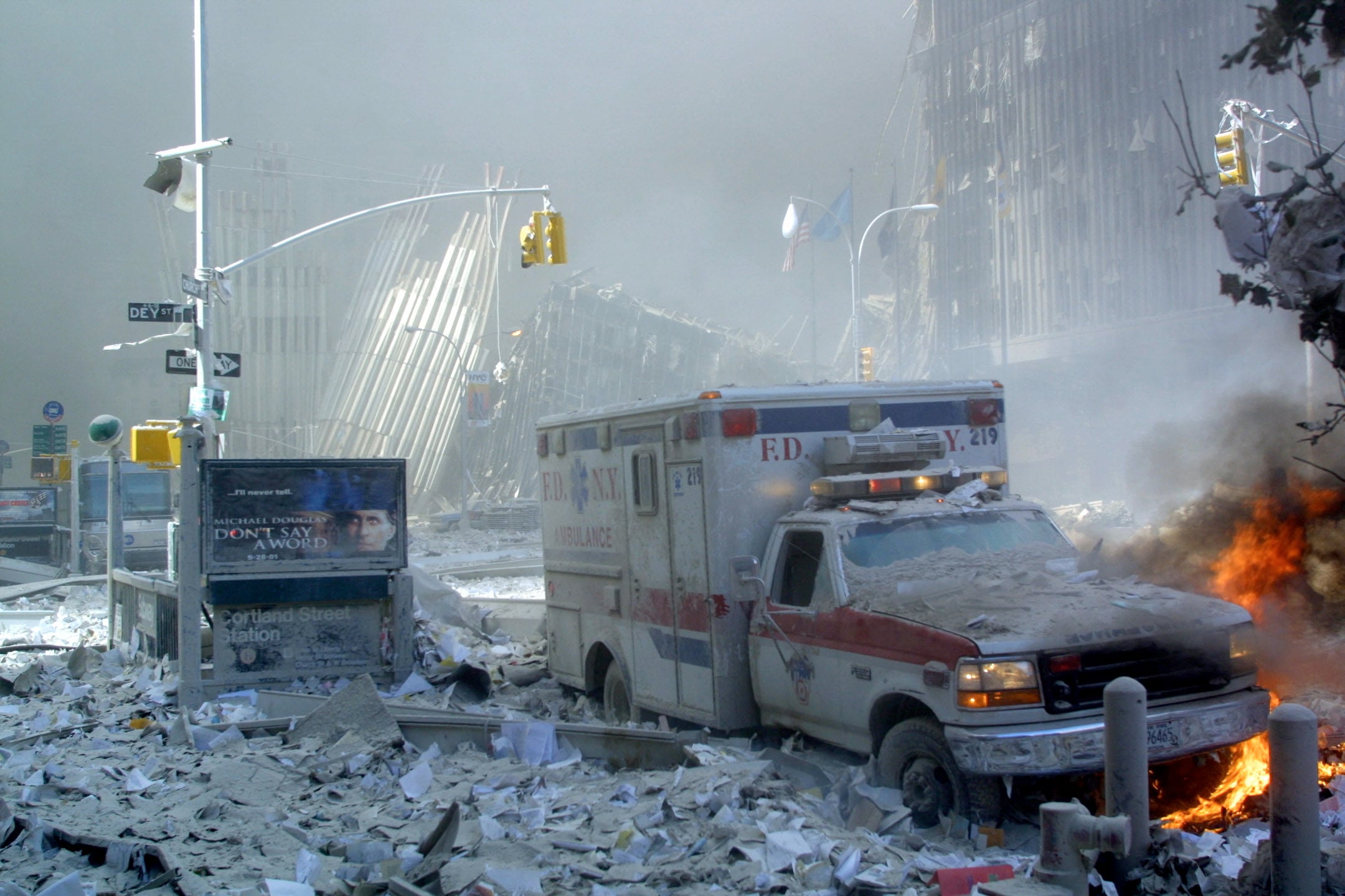 An ambulance covered with debris on September 11, 2001. Photo: AFP