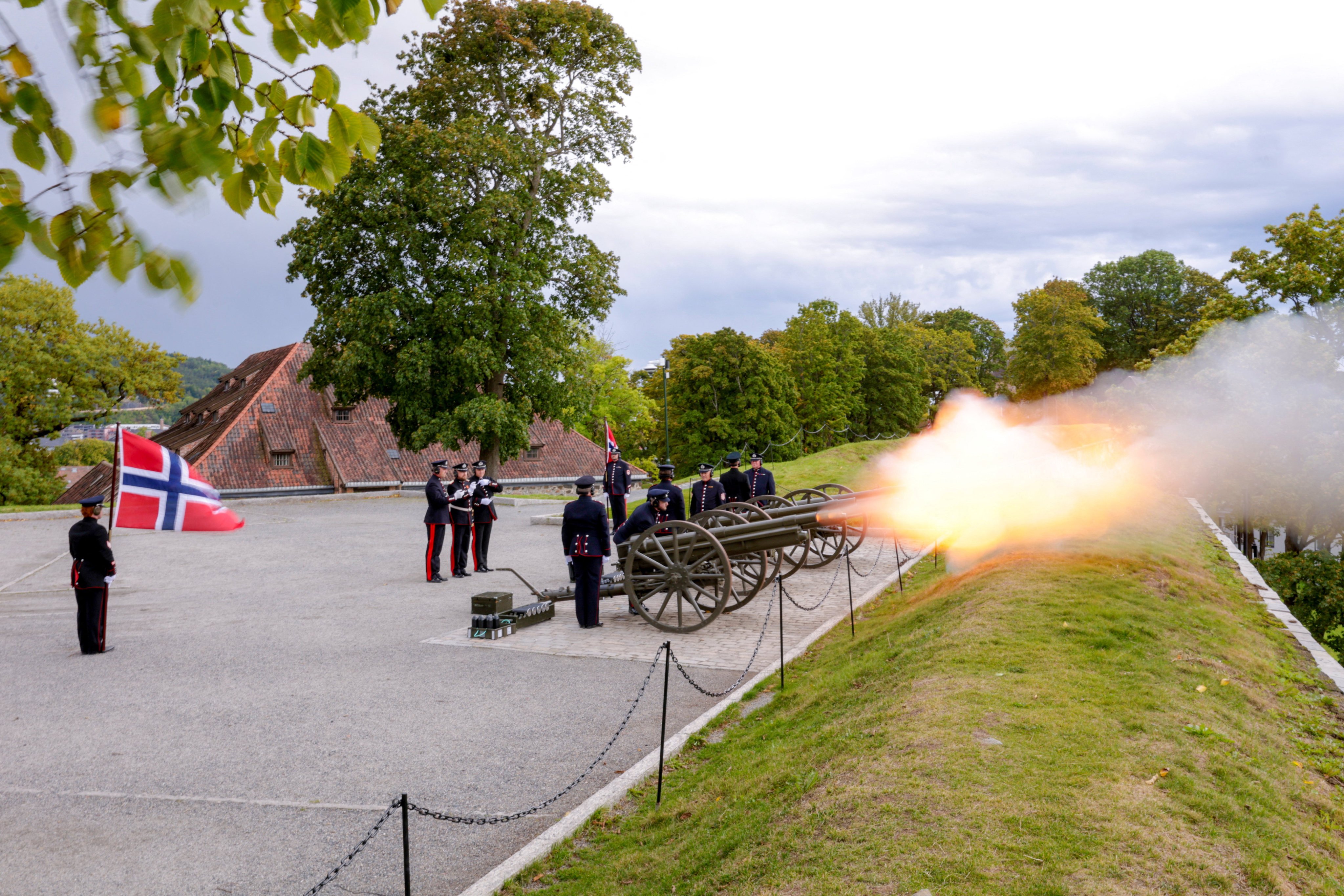 A funeral salute is fired from Akershus Fortress in connection with the burial of King Harald V in Oslo, Norway, on Wednesday. Photo: NTB/Tor Erik Schroeder via Reuters