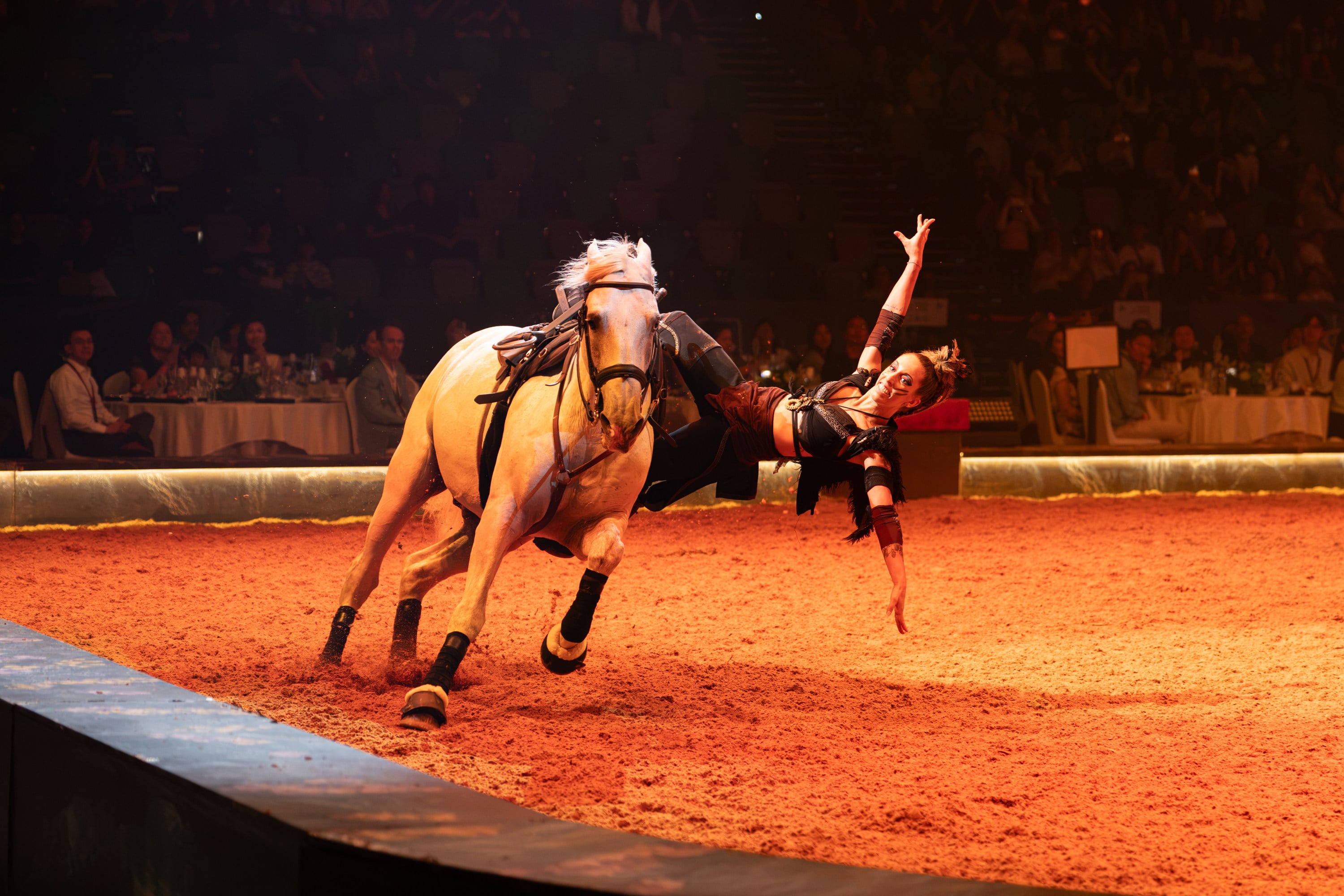 An equestrian stunt performer balancing on the side of her horse at a performance of Cavalluna – Gate to the Otherworld. The show is in Hong Kong until September 13 at Kai Tak Arena. Photo: Cavalluna