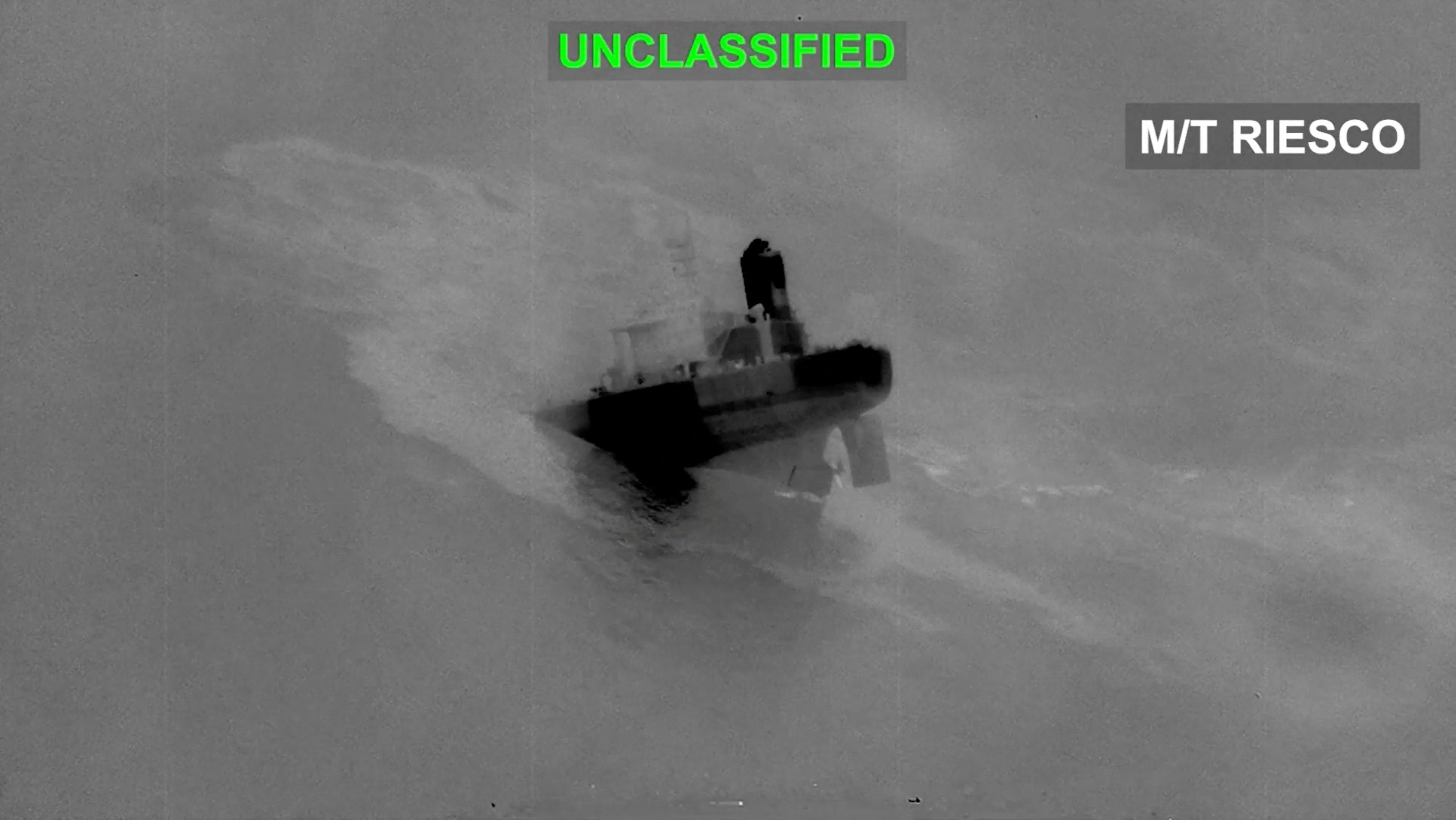 The M/T Riesco sinks after being struck. Photo: CENTCOM via Reuters