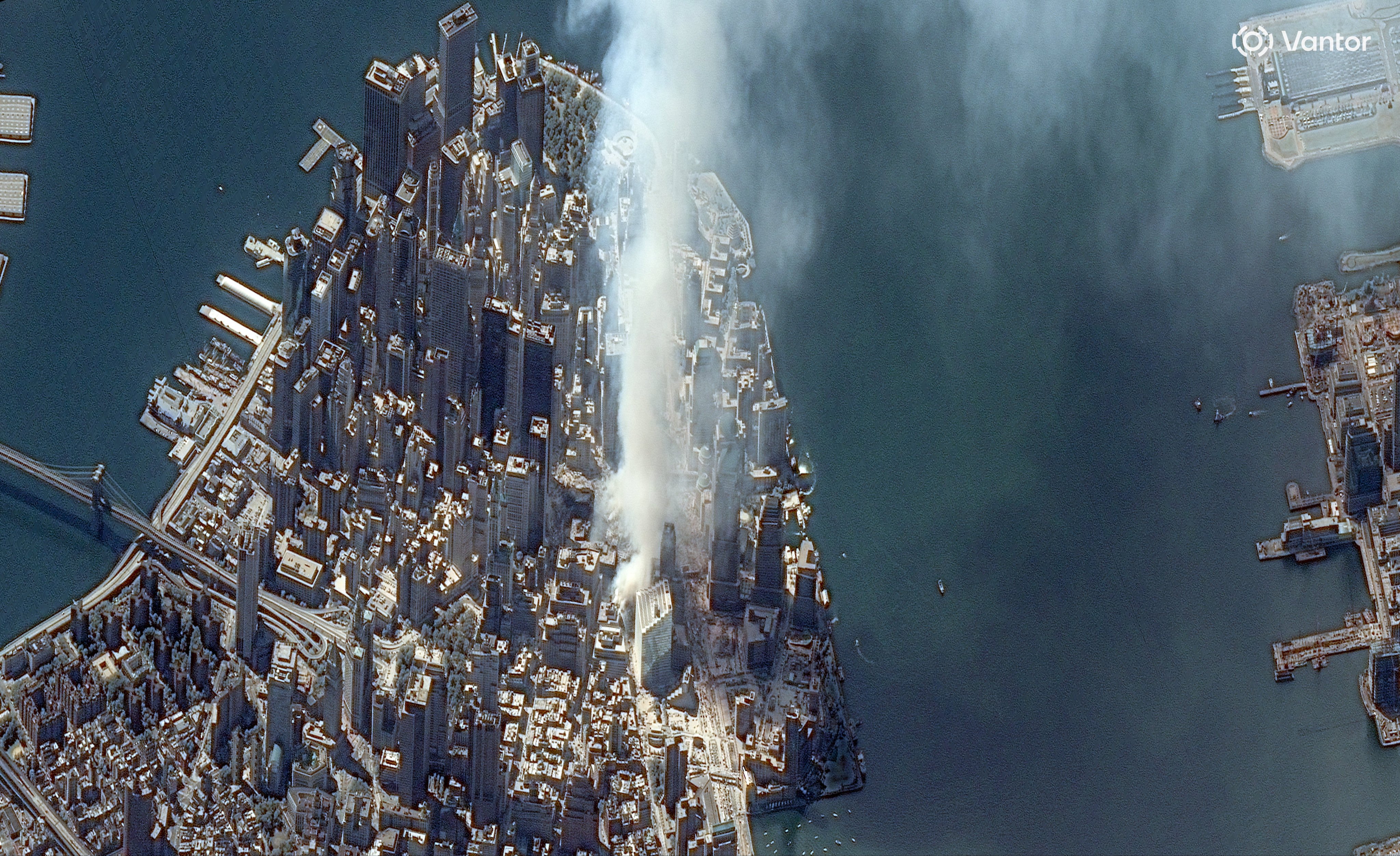 A satellite image shows a plume of smoke rising from the site of the World Trade Center on September 12, 2001. Photo: Vantor via Reuters