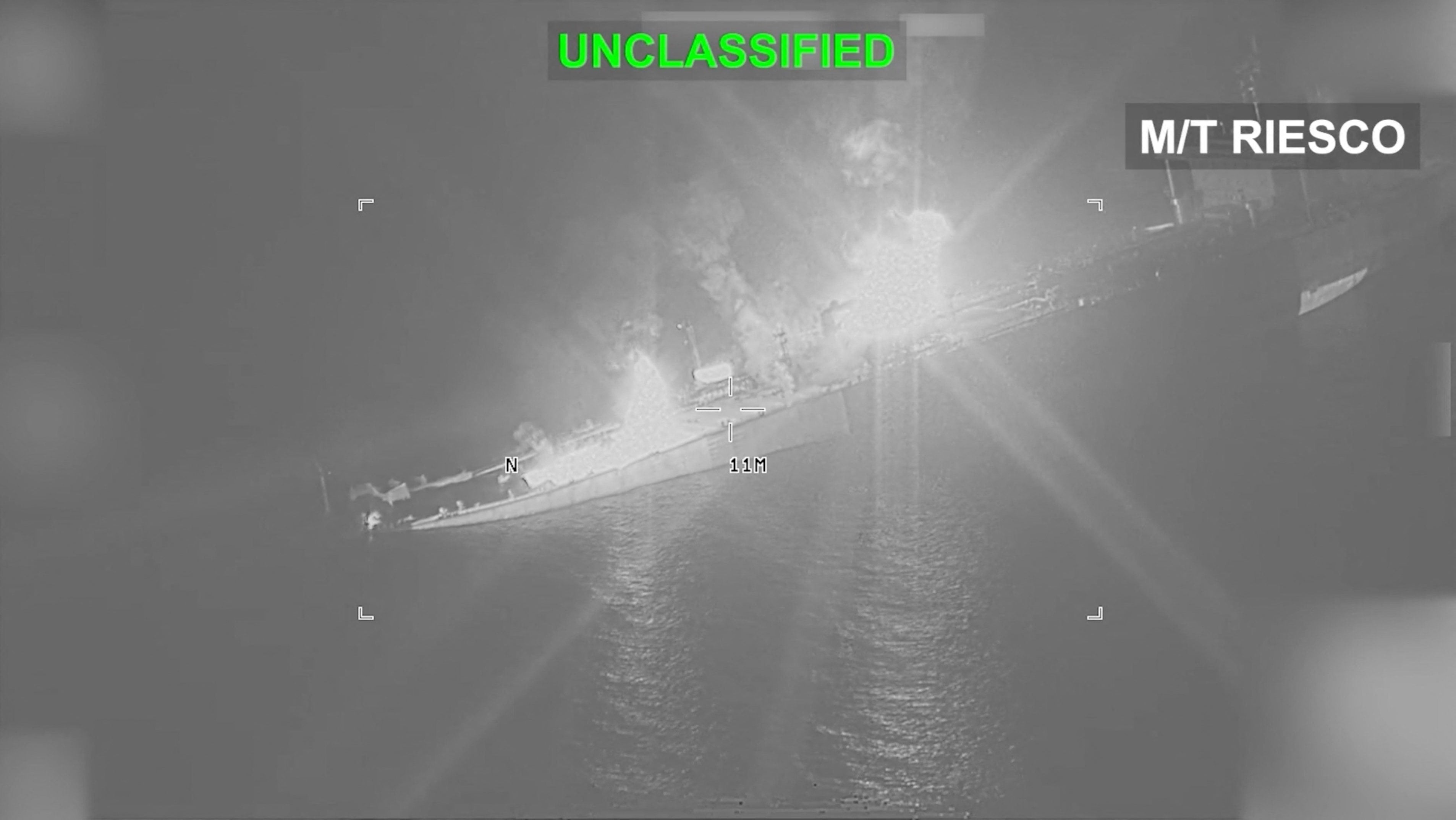 Iranian crude oil carrier M/T Riesco burns as it sinks after being struck. Photo: CENTCOM via Reuters
