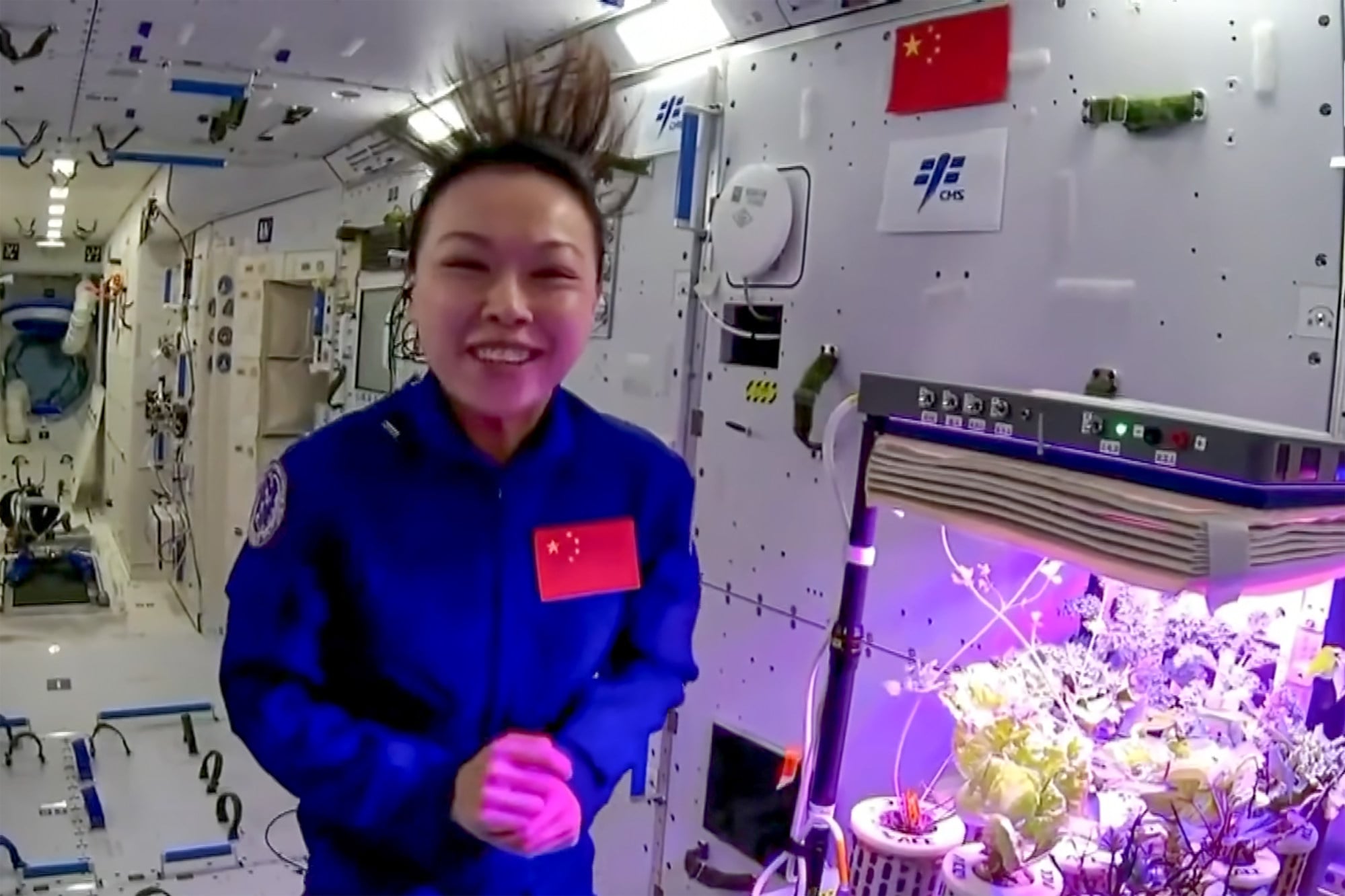 Lai Ka-ying shares details about a small vegetable garden inside the space station. Photo: YouTube/RTHK