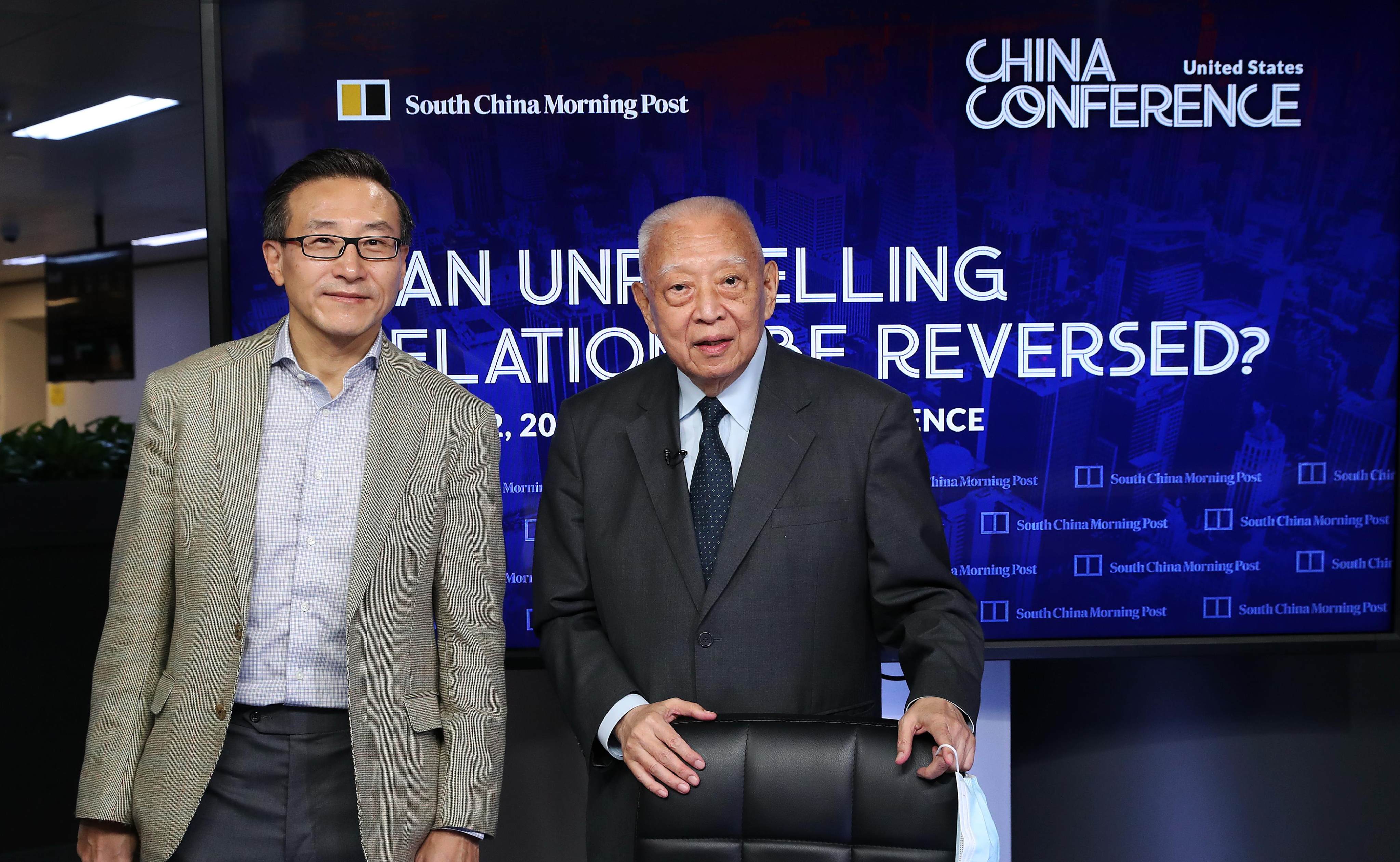 Joe Tsai, Alibaba’s executive vice-chairman and co-founder of Alibaba Group, with Tung Chee-hwa at the SCMP’s office in 2020. Photo: Edmond So