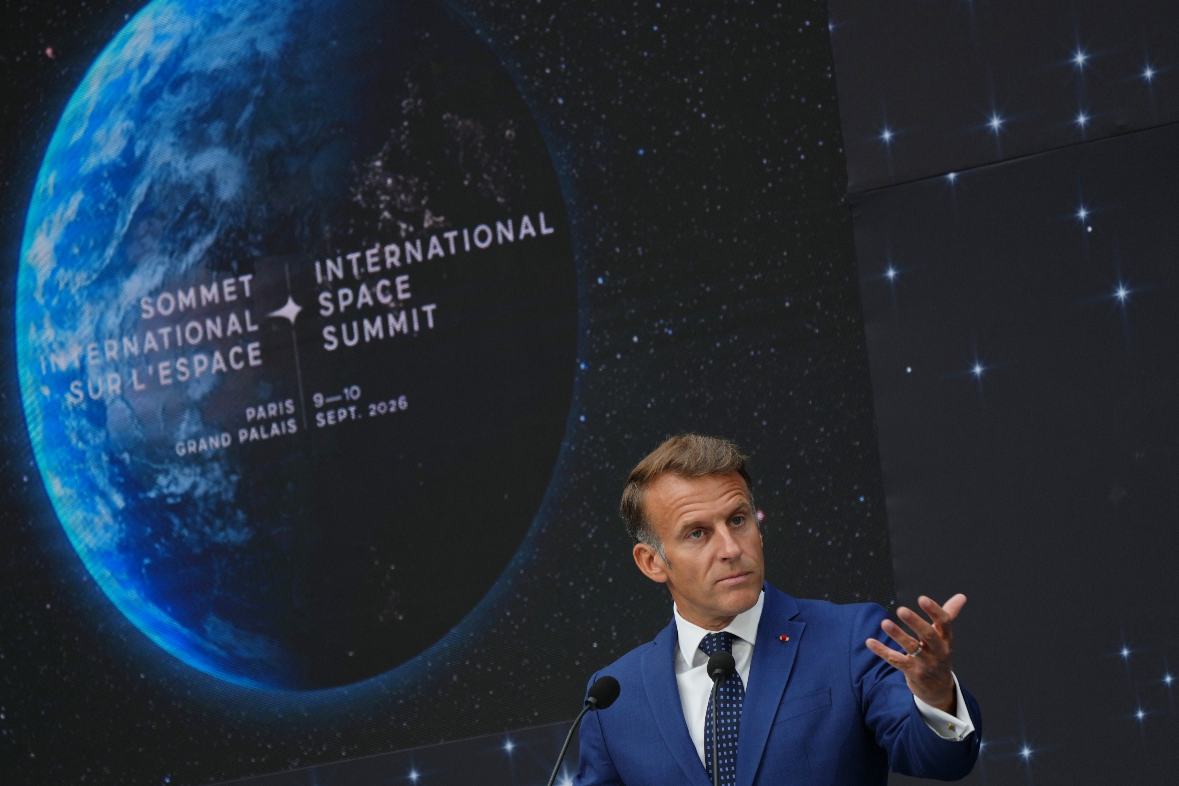 French President Emmanuel Macron delivers a speech at the International Space Summit at the Grand Palais in Paris, France, on Thursday. Photo: EPA