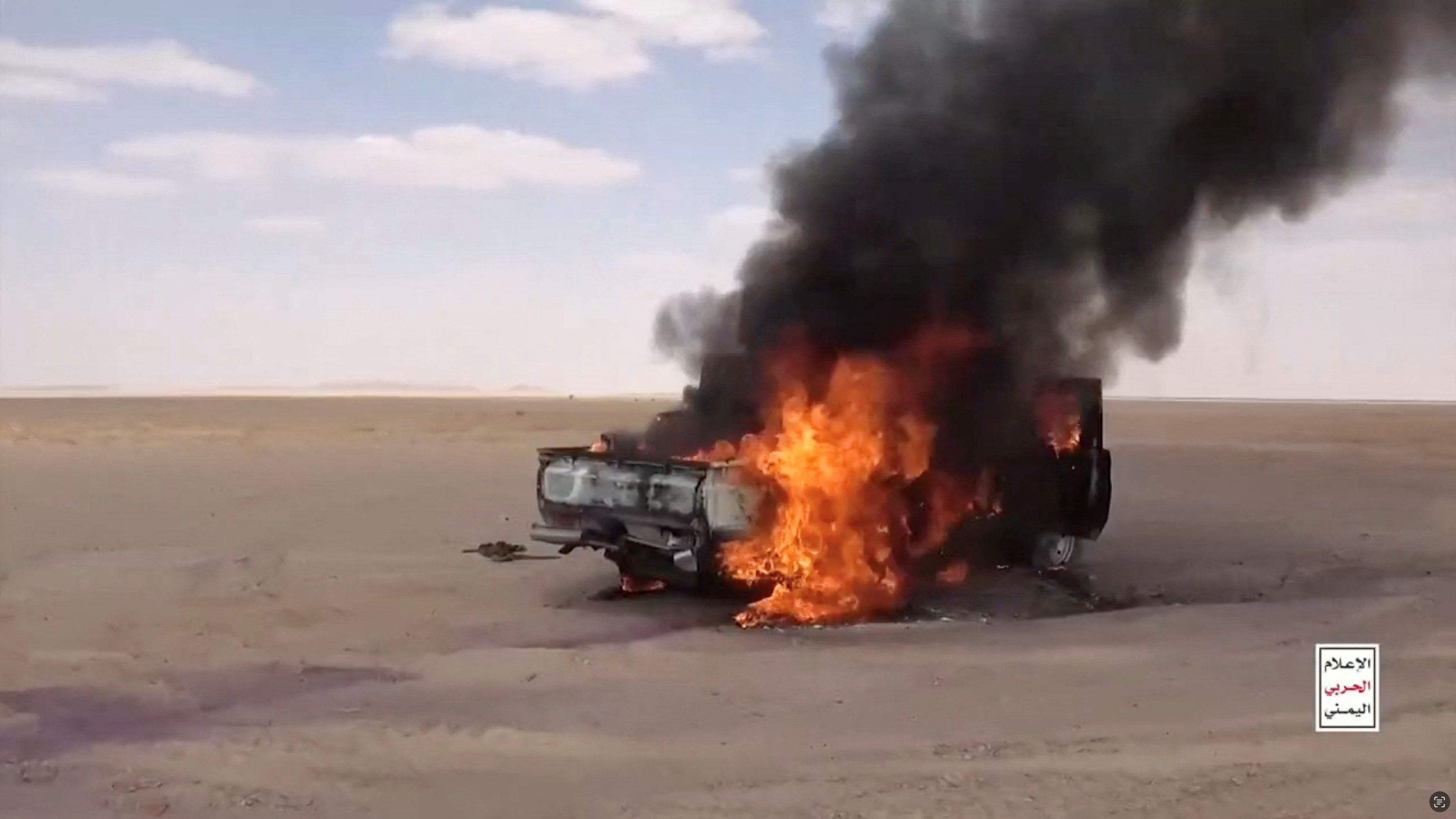 A vehicle burns after being attacked by Houthis during fighting with Saudi-backed forces at a location given as Al Jawf, Yemen, in this still video image released on Wednesday. Photo: Al Masirah/Handout via Reuters