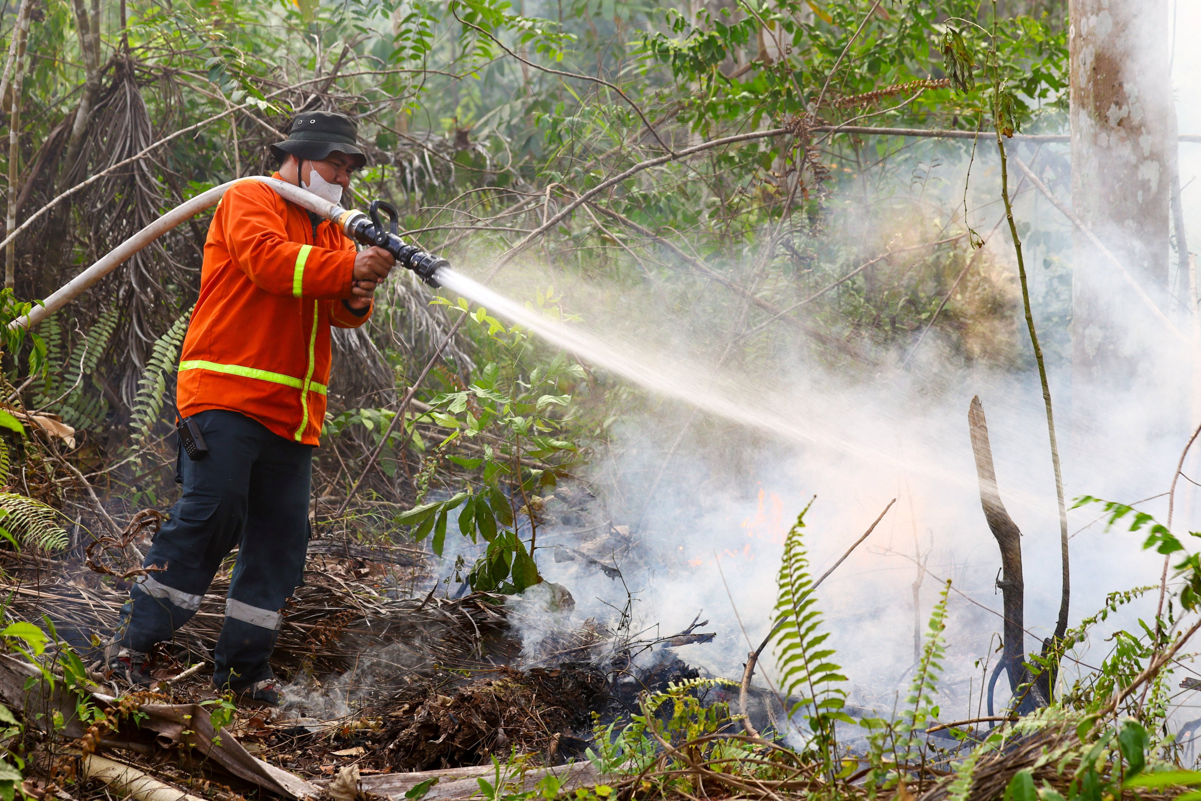 A firefighter sprays water to extinguish a wildfire in East Kalimantan province, Indonesia, in September. Photo: Reuters