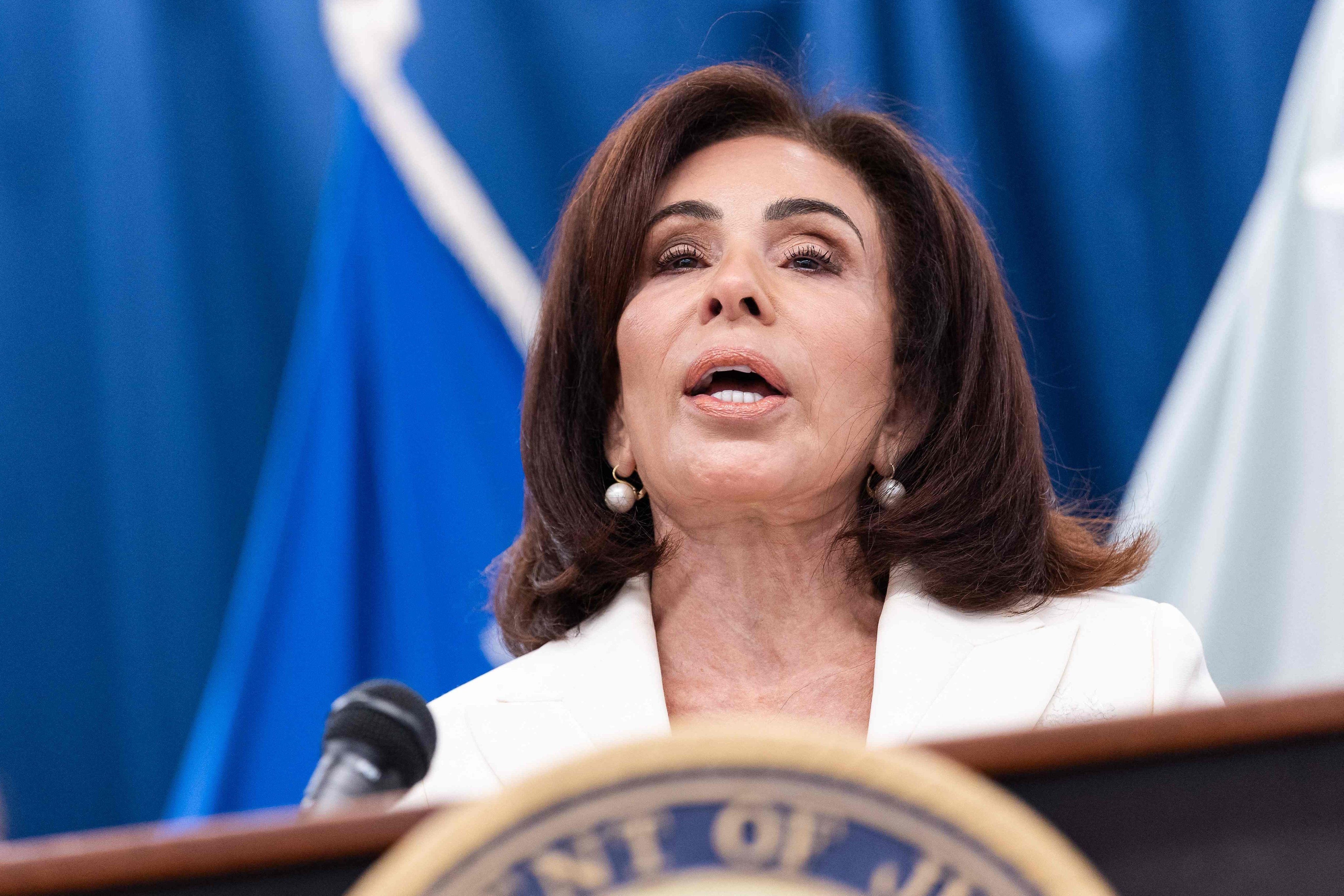 US Attorney Jeanine Pirro announces enforcement actions against the Chinese-language marketplace Xinbi Guarantee in Washington on Wednesday. Photo: Getty Images via AFP