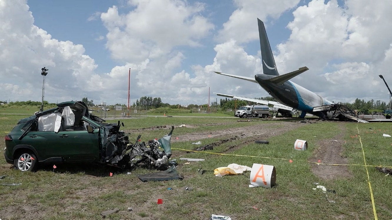 The wreckage of the Amazon Prime Air cargo plane that overran a runway at Miami International Airport. Photo: NTSB via Reuters