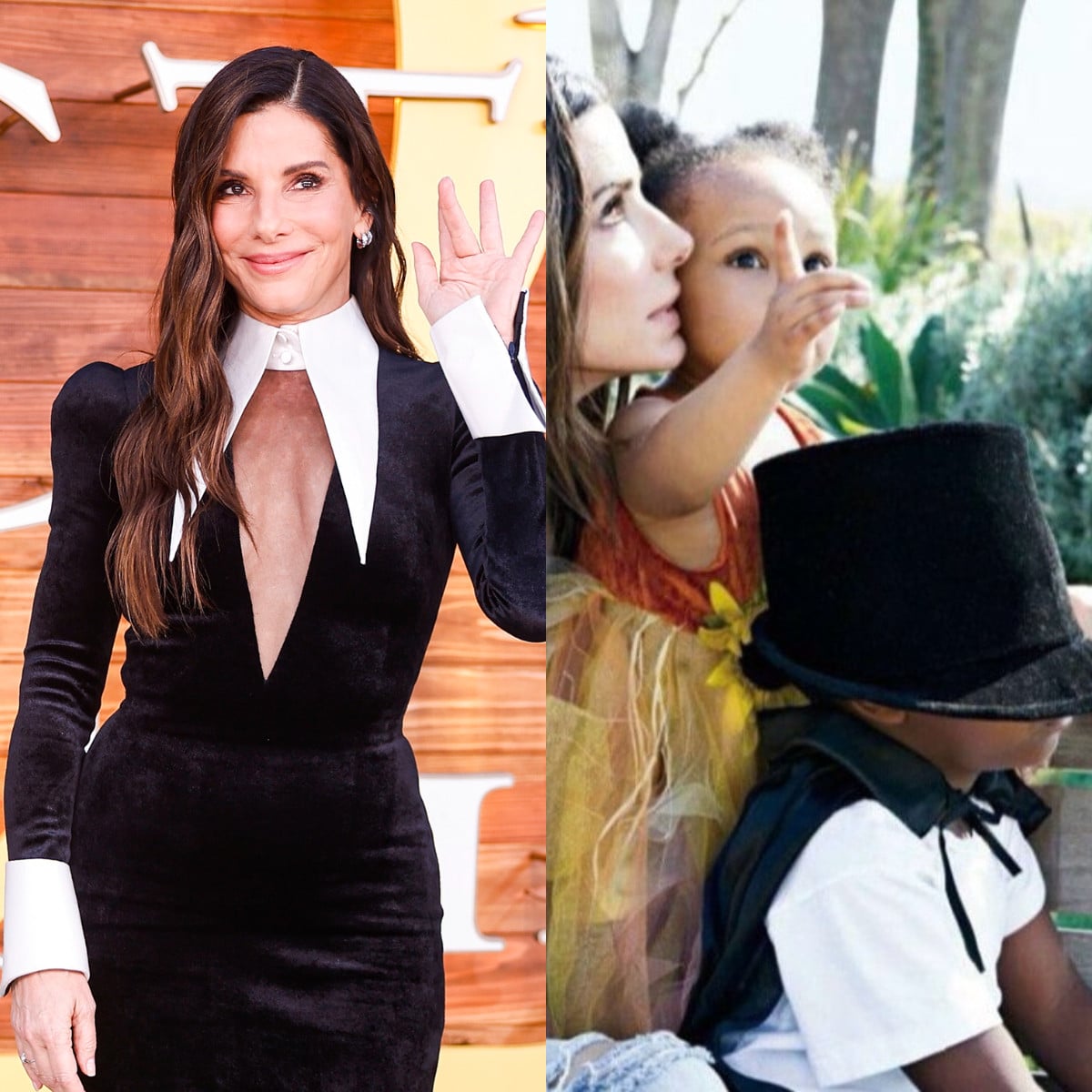 Sandra Bullock at the world premiere of Practical Magic 2 in August (left) and with daughter Laila (now aged 13) when she was a toddler. Photos: AP; @sandrabullock/Instagram