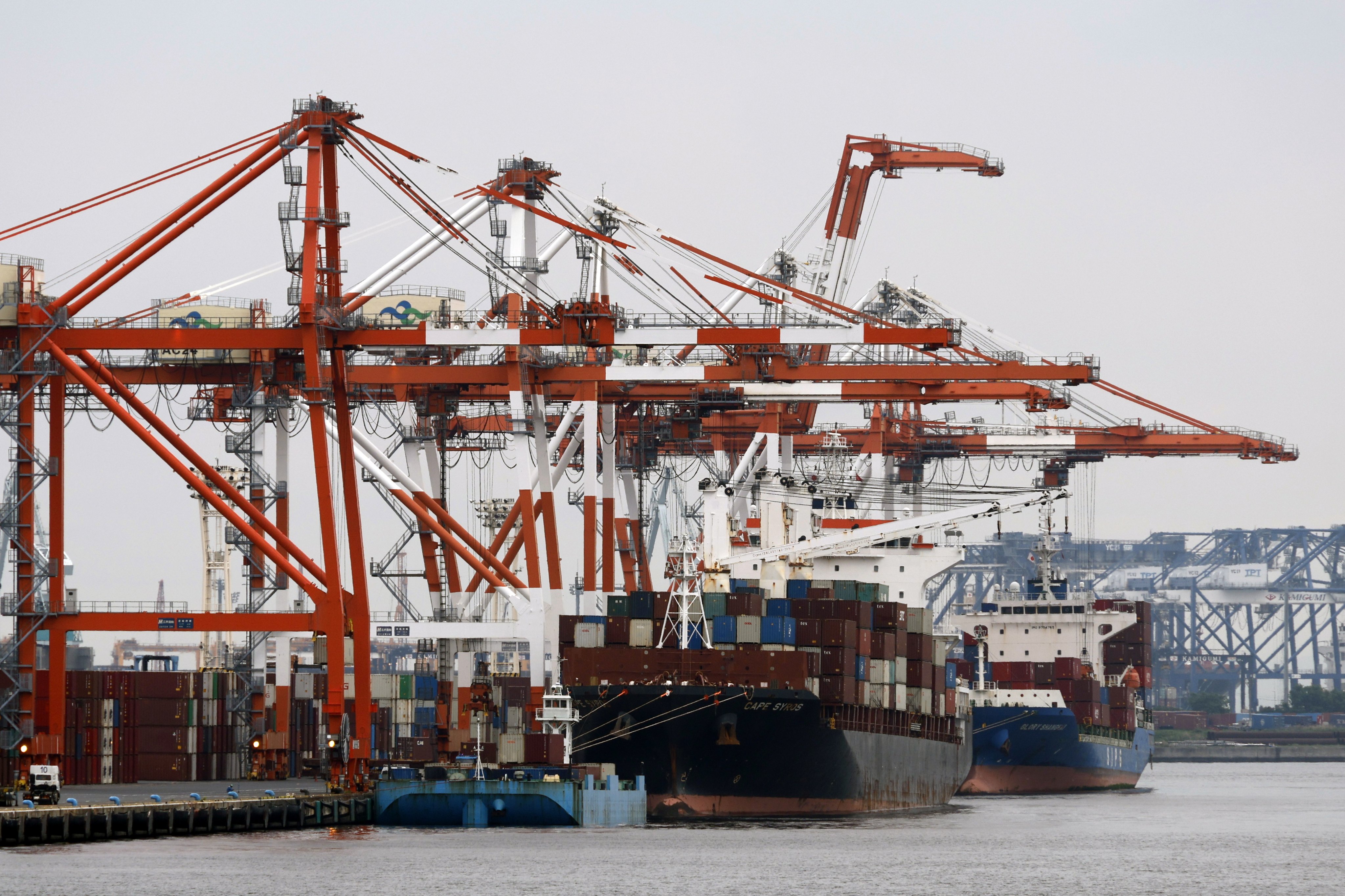 Containers being loaded on ships at a port in Tokyo. Photo: EPA-EFE