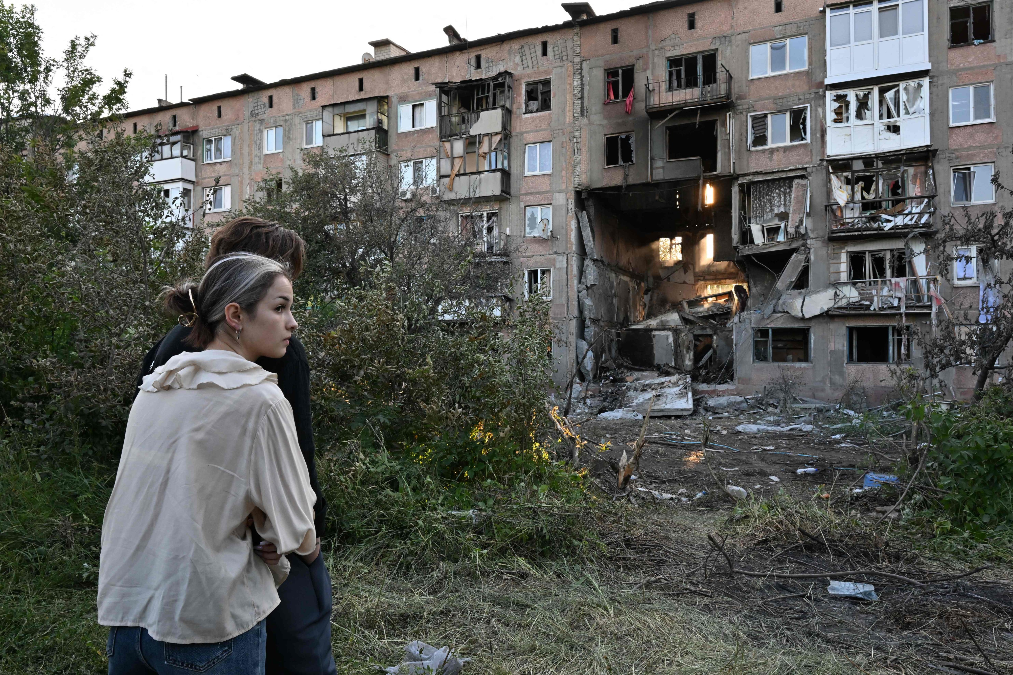 A heavily damaged apartment building following a recent drone attack in the town of Gorlivka in Russian-controlled Donetsk in June. Photo: AFP