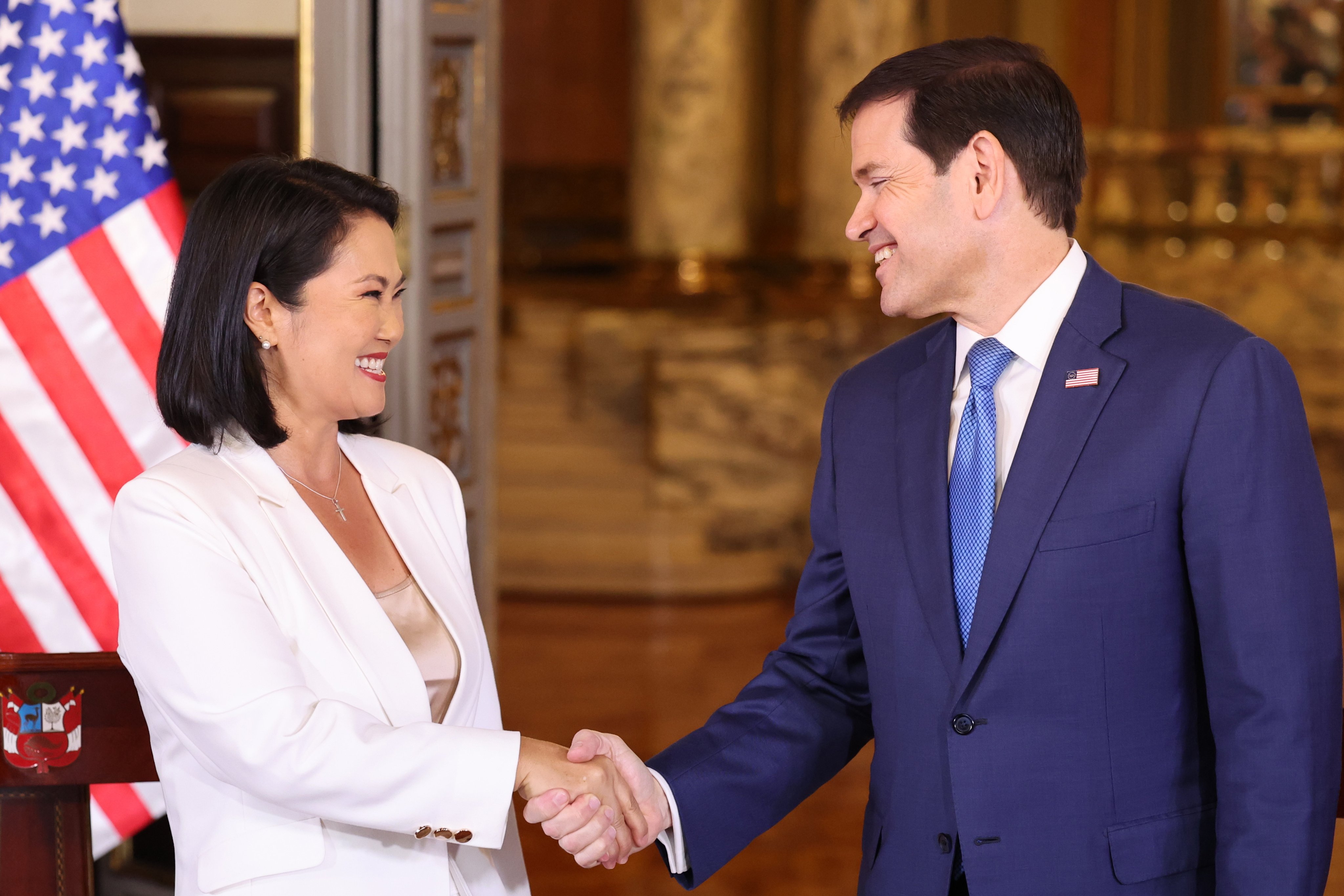 Peruvian President Keiko Fujimori with US Secretary of State Marco Rubio in Lima on Thursday. Photo: EPA-EFE