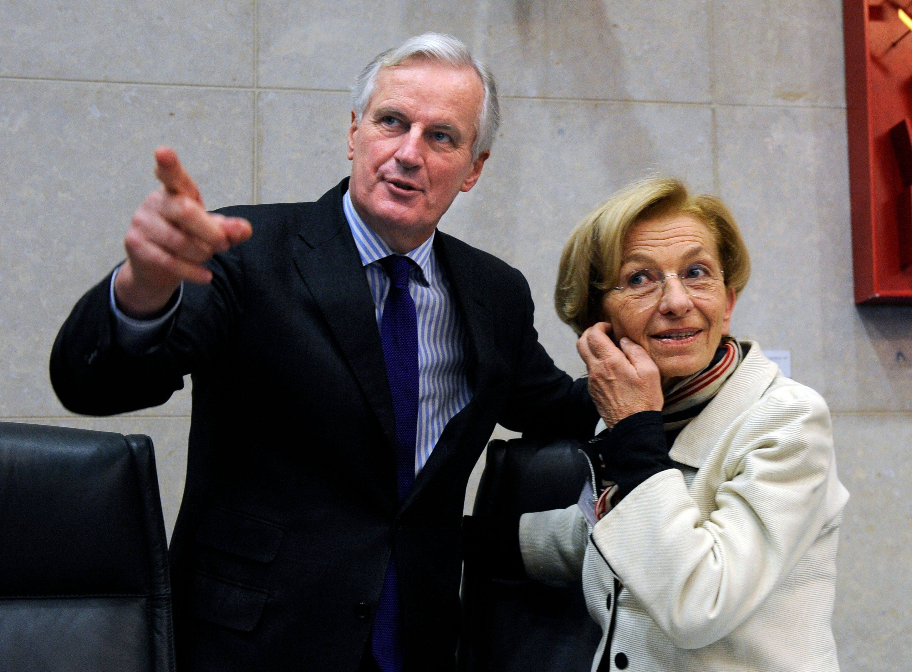French member of the European parliament Michel Barnier welcomes Italian Foreign Minister Emma Bonino on January 29 ,2014 for a working session with the Italian government at the EU Headquarters in Brussels. Photo: AFP