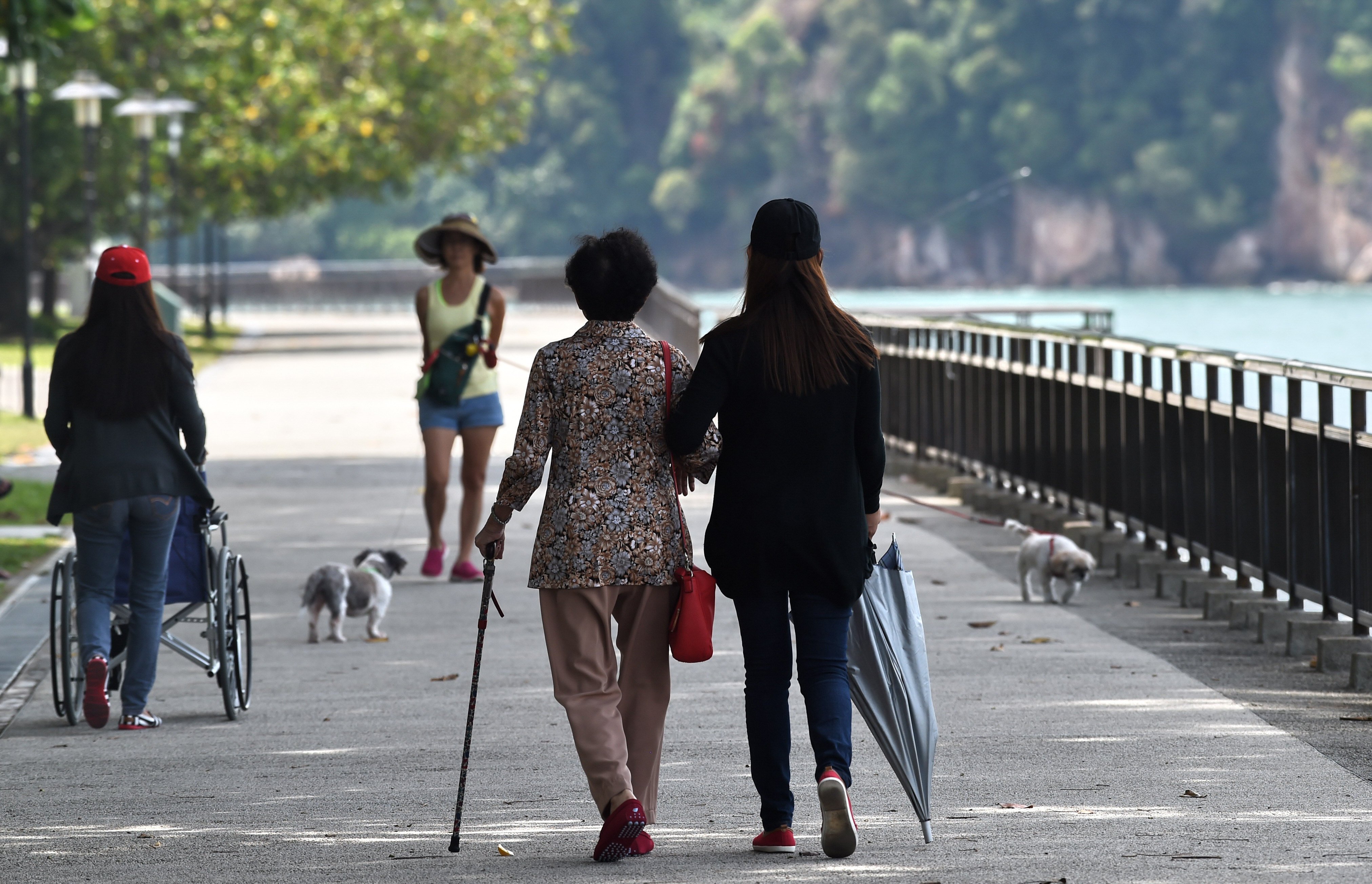 A carer walks with an elderly woman at a park in Singapore. Asia’s wealthiest economies are increasingly competing for a care workforce that is being outpaced by the rapidly ageing population. Photo: AFP