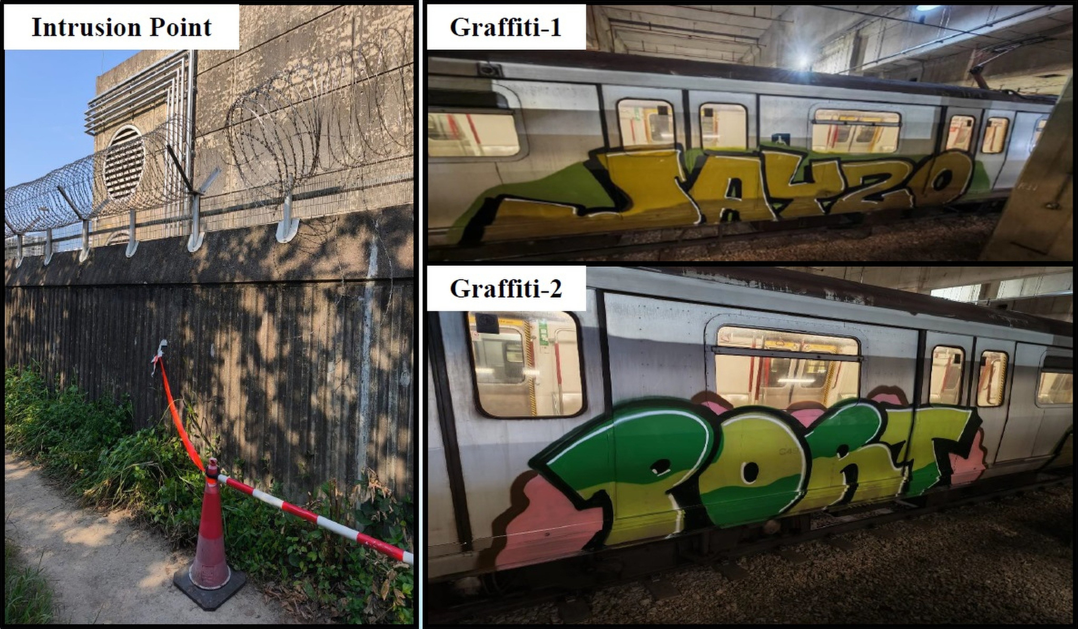 The suspects allegedly broke into an MTR Corporation depot in Chai Wan and spray-painted graffiti on the exterior of two carriages. Photo: Handout
