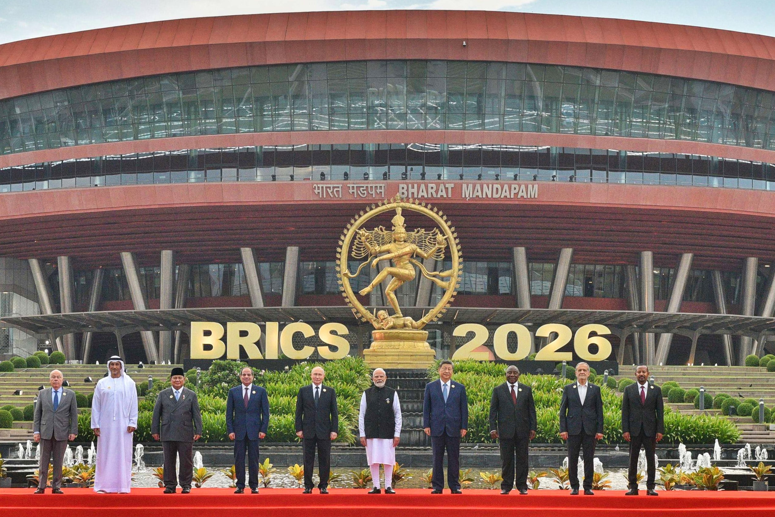 Leaders of Brics member states pose for a photo in New Delhi on Saturday. From left to right: Brazil Foreign Minister Mauro Vieira, United Arab Emirates’ Sheikh Mohammed bin Zayed Al Nahyan, Indonesian President Prabowo Subianto, Egyptian President Abdel Fattah el-Sisi, Russian President Vladimir Putin, Indian Prime Minister Narendra Modi, Chinese President Xi Jinping, South African President Cyril Ramaphosa, Iranian President Masoud Pezeshkian and Ethiopian Prime Minister Abiy Ahmed Ali. Photo: Indian Foreign Ministry via AP