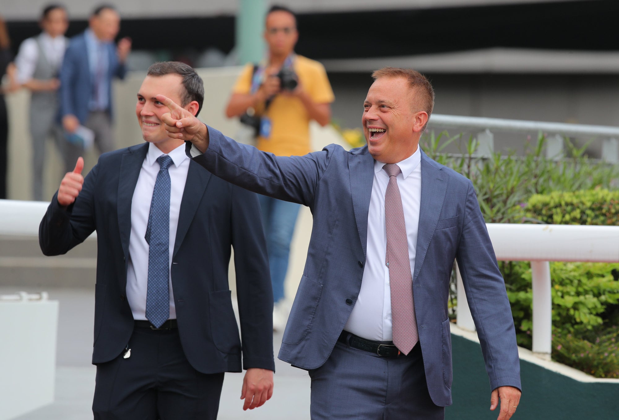 All smiles for Caspar Fownes and his son Ronan at Sha Tin. All smiles for Caspar Fownes and his son Ronan at Sha Tin.