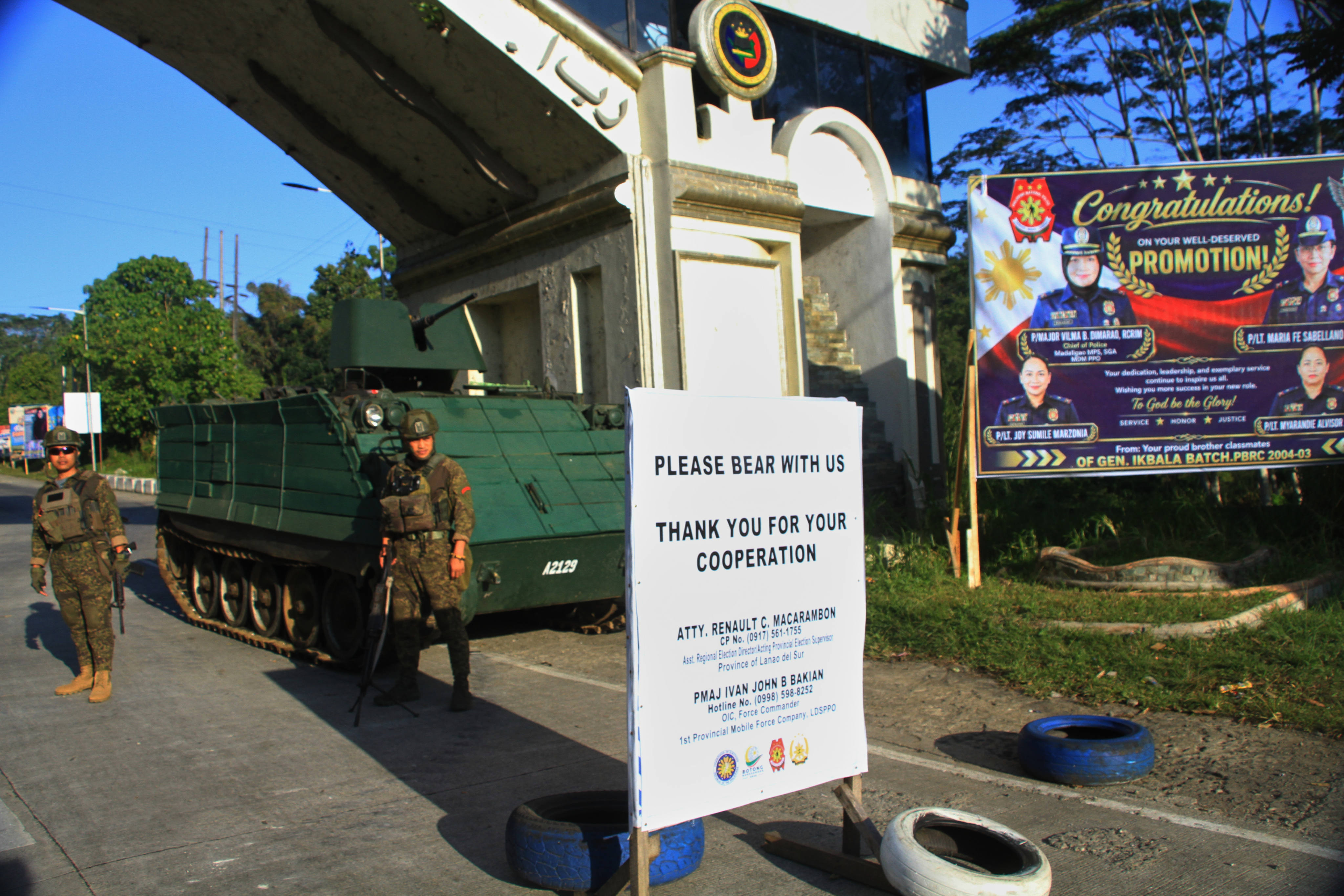 An armoured personnel carrier is seen at a checkpoint during the Bangsamoro election at a school in Saguiaran on Monday. Photo: AP