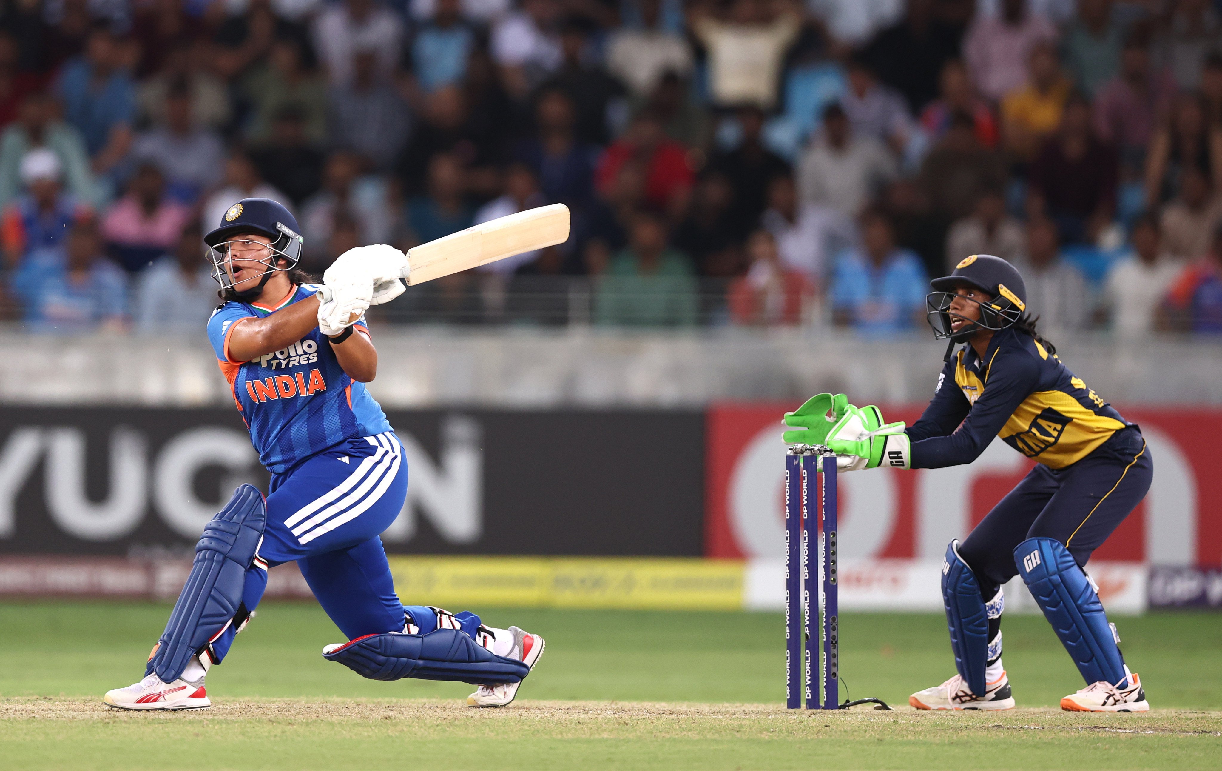 India’s Richa Ghosh sends the ball to the boundary during her side’s Asia Cup triumph over Sri Lanka in Dubai. Photo: Getty Images