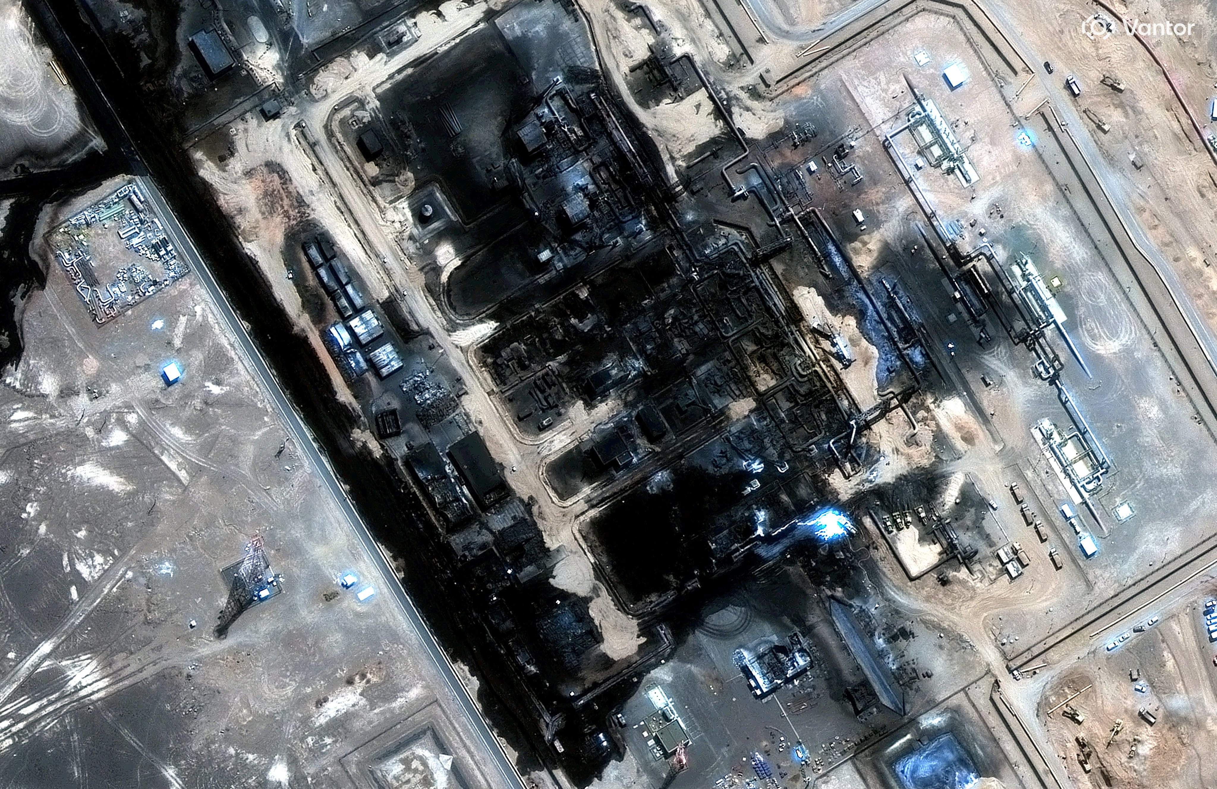 A Vantor satellite image shows damage to a facility of the Saudi Arabia East-West pipeline after a strike on September 11. Photo: Handout via Reuters