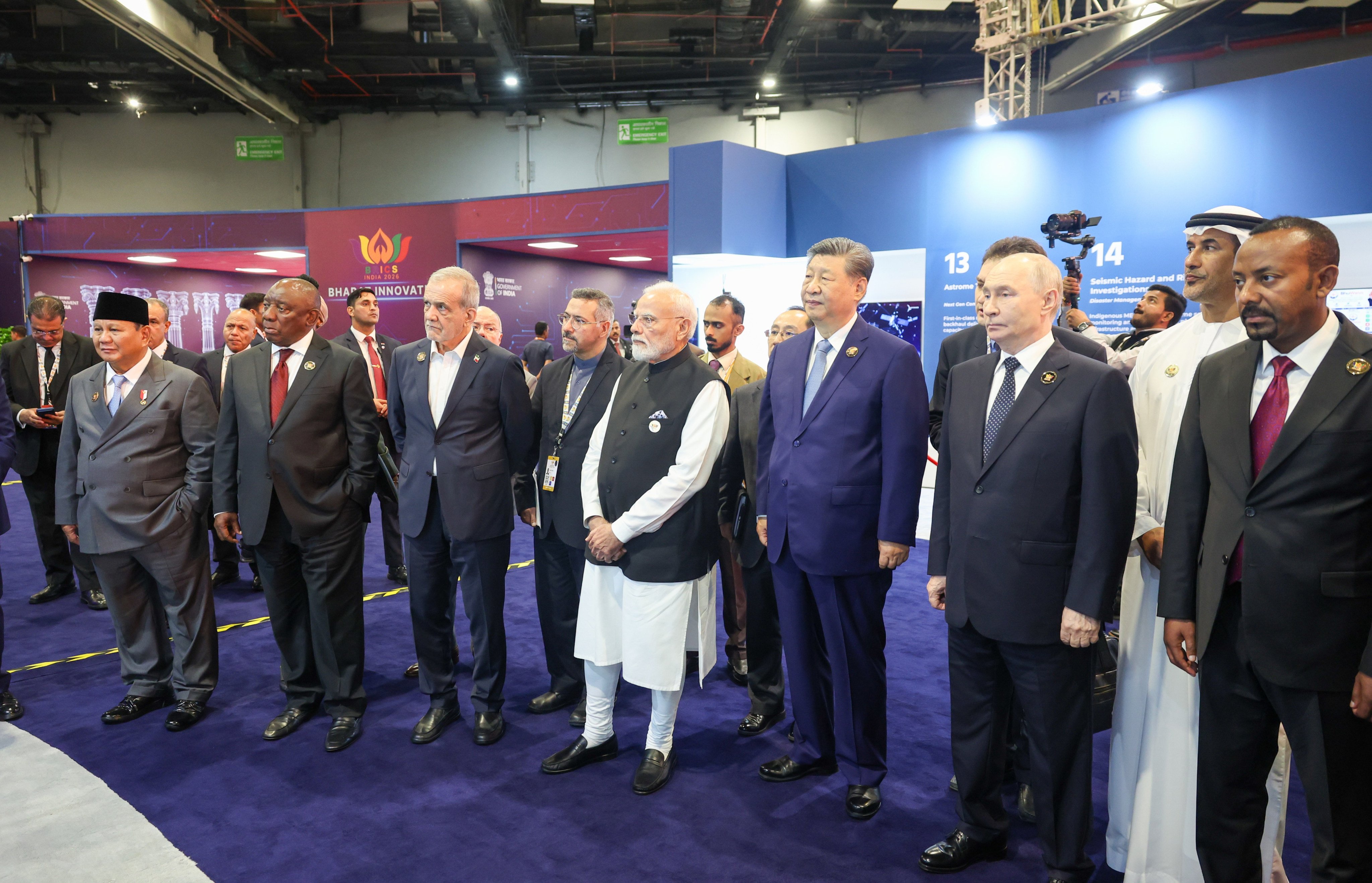 Attending an exhibition during the Brics summit are (from left) Iranian President Masoud Pezeshkian, Indian Prime Minister Narendra Modi, Chinese President Xi Jinping and Russian President Vladimir Putin, in New Delhi, India, on September 12. Photo: Handout