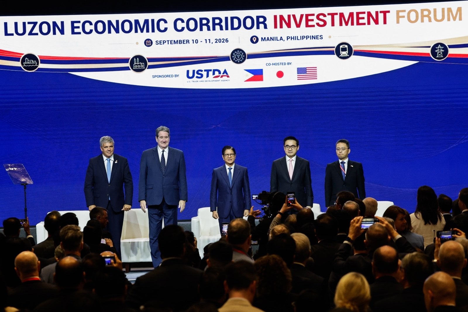 Philippine President  Ferdinand Marcos Jnr (centre) stands with representatives from the US, Philippines and Japan during the Luzon Economic Corridor Investment Forum on Thursday. Photo: EPA