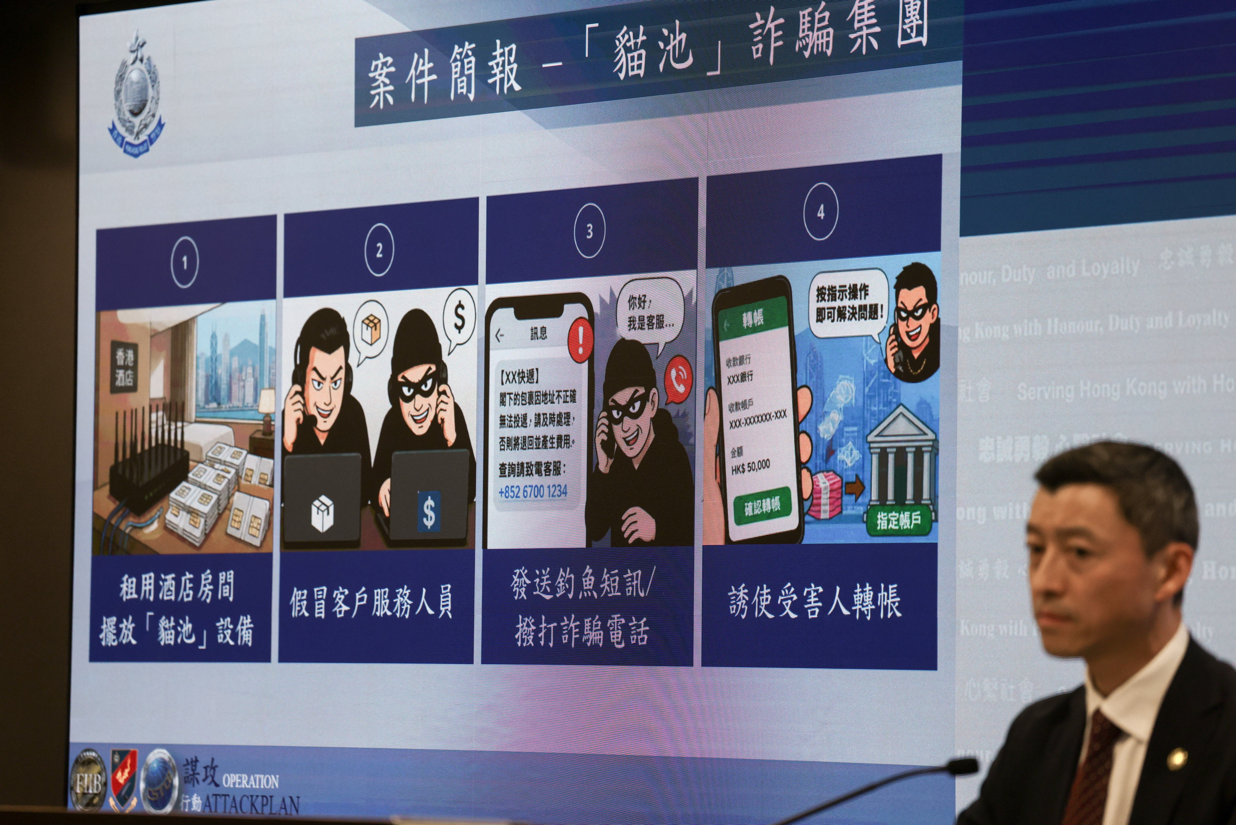 Chief Inspector Wong Yam-wing of the Financial Intelligence and Investigation Bureau speaks during a press conference on a joint operation against deception and technology crimes, at the police headquarters in Wan Chai on September 4. Photo: Silvia Siu