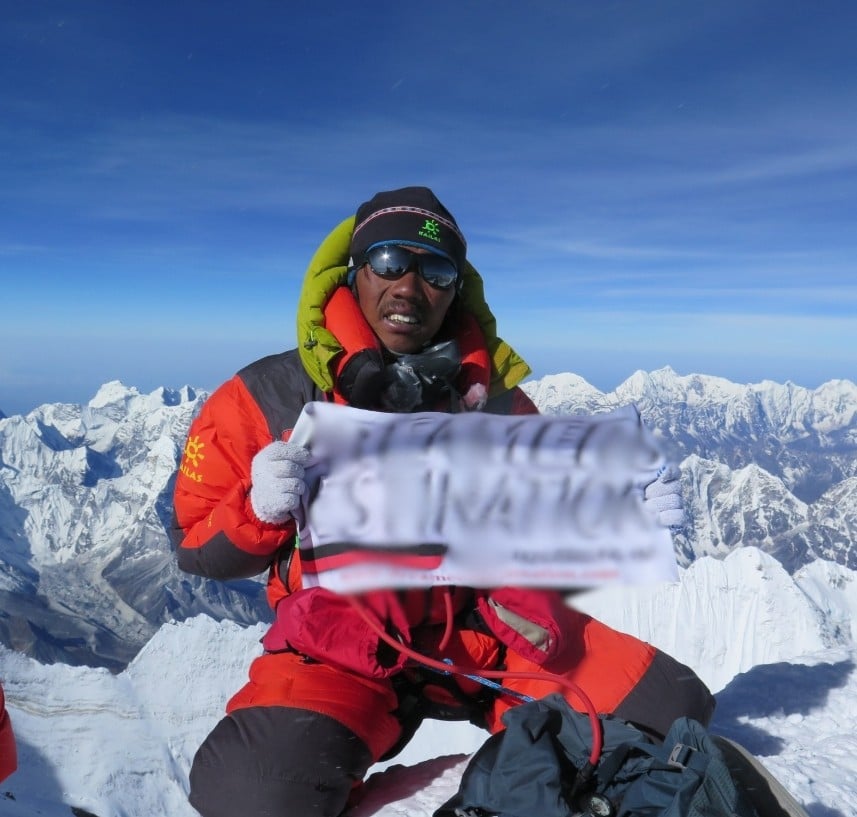 Phurba Tenjing Sherpa on the top of Mount Everest following one of his many ascents. Photo: Handout