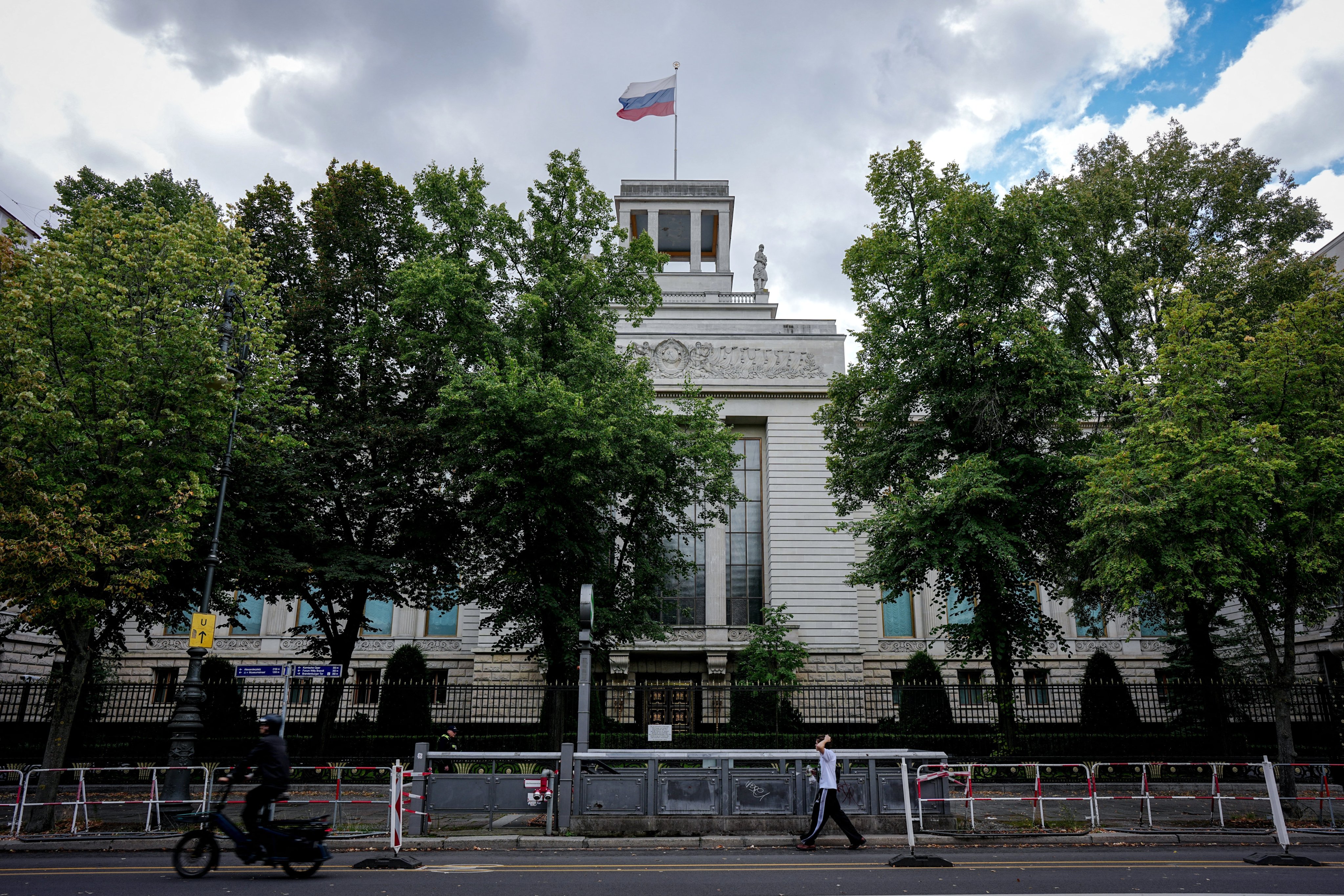 The Russian flag flies on the roof of the Russian embassy in Berlin, Germany. Photo: dpa via AP