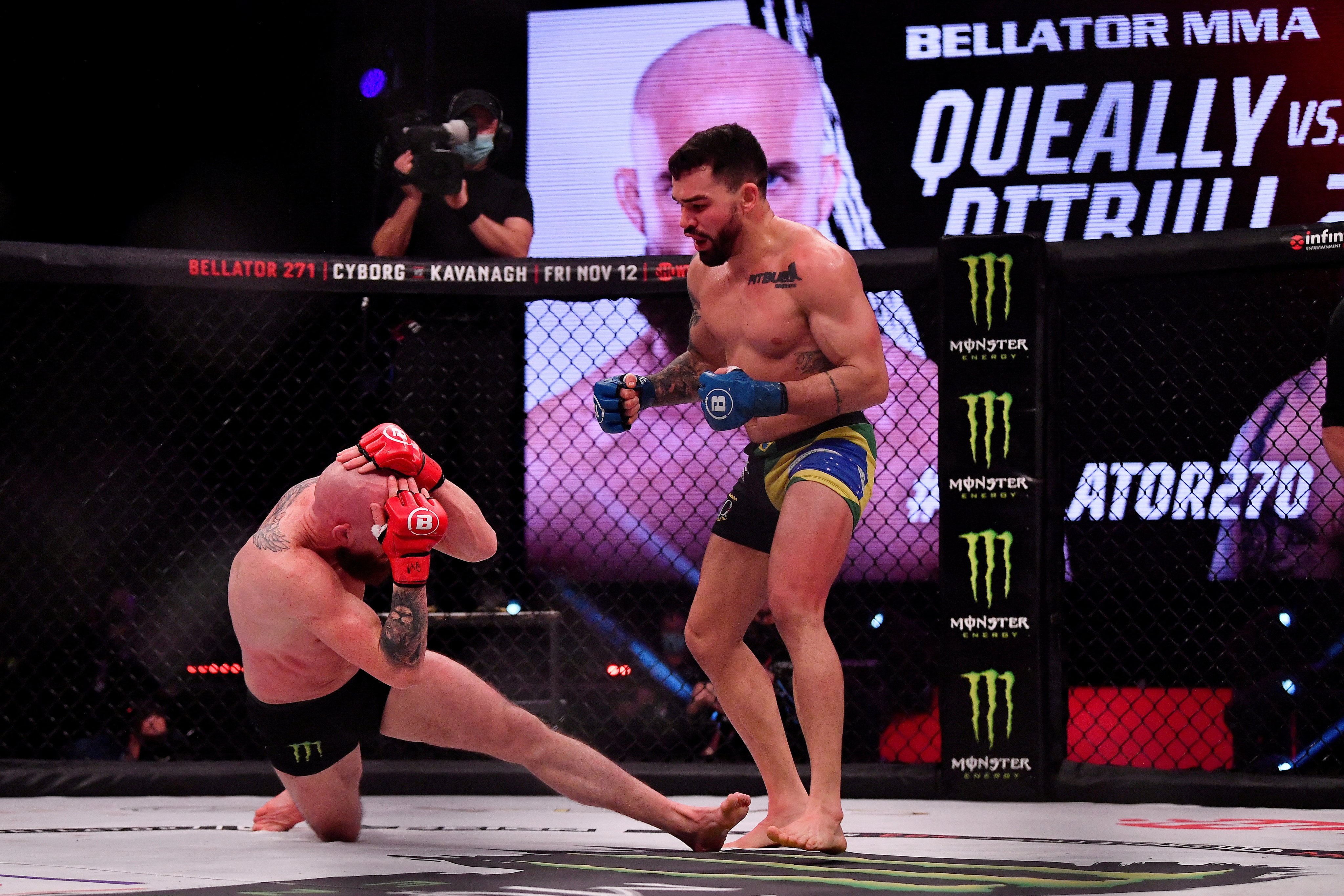 Patricky Freire knocks out Peter Queally during their lightweight world title bout at the Bellator MMA 270 event at the 3Arena in Dublin in 2021. Photo: Reuters