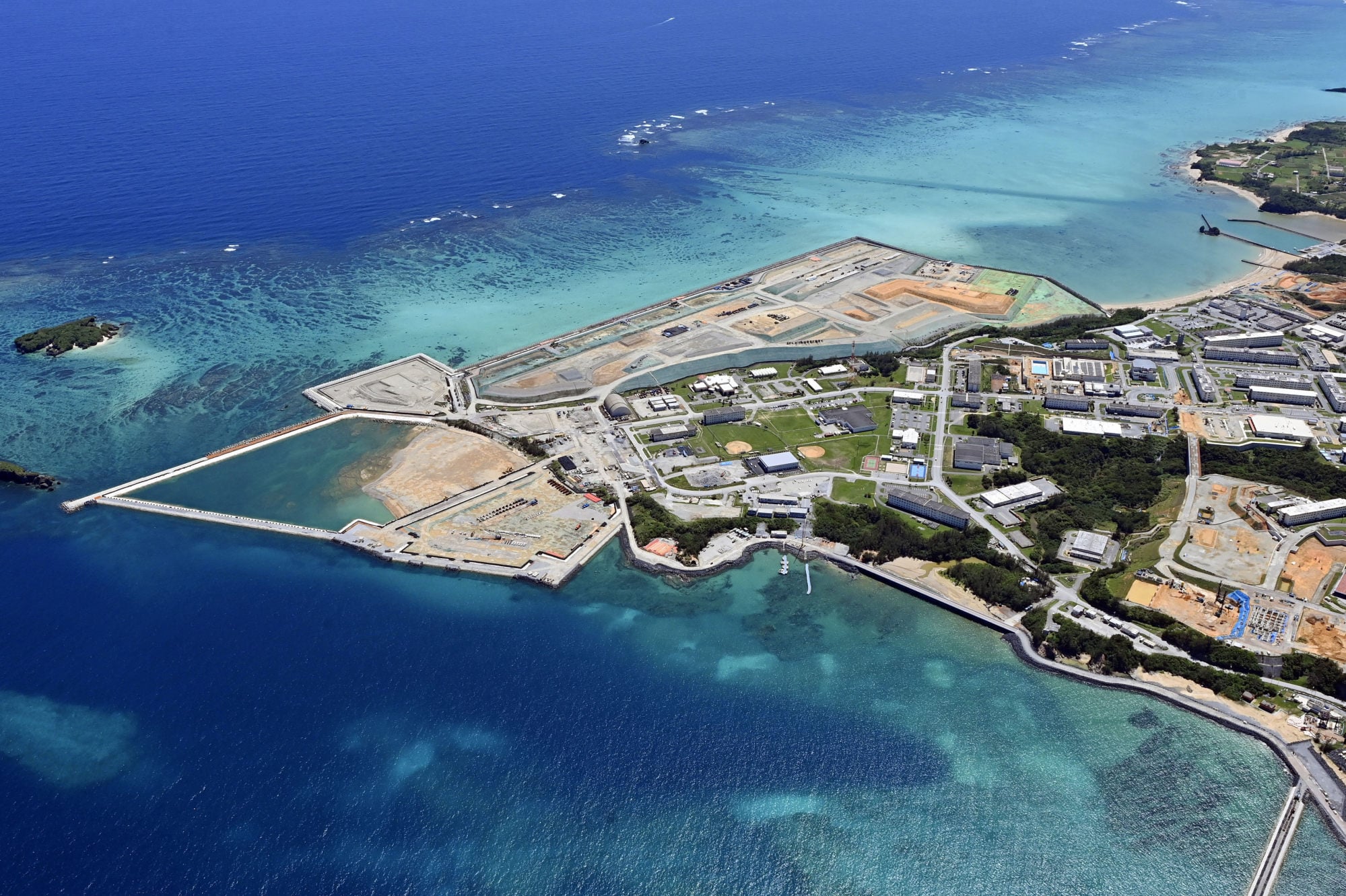 Construction work continues on the US Marine Corps facility in Henoko, Okinawa, on August 23. Photo: Kyodo Construction work continues on the US Marine Corps facility in Henoko, Okinawa, on August 23. Photo: Kyodo