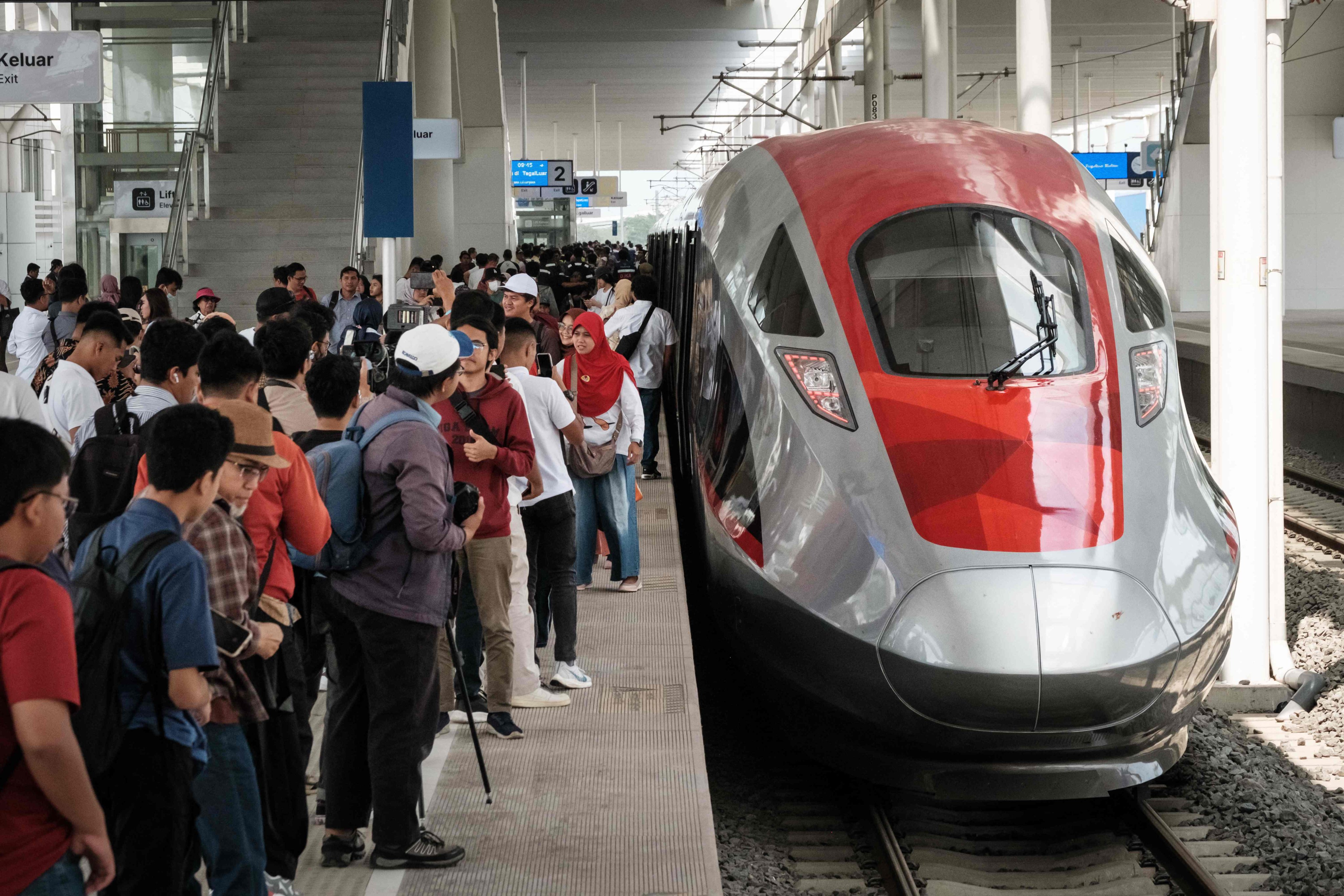 The Jakarta-Bandung high-speed train, known as Whoosh, during a public trial in Bandung, West Java, in September 2023. Photo: AFP