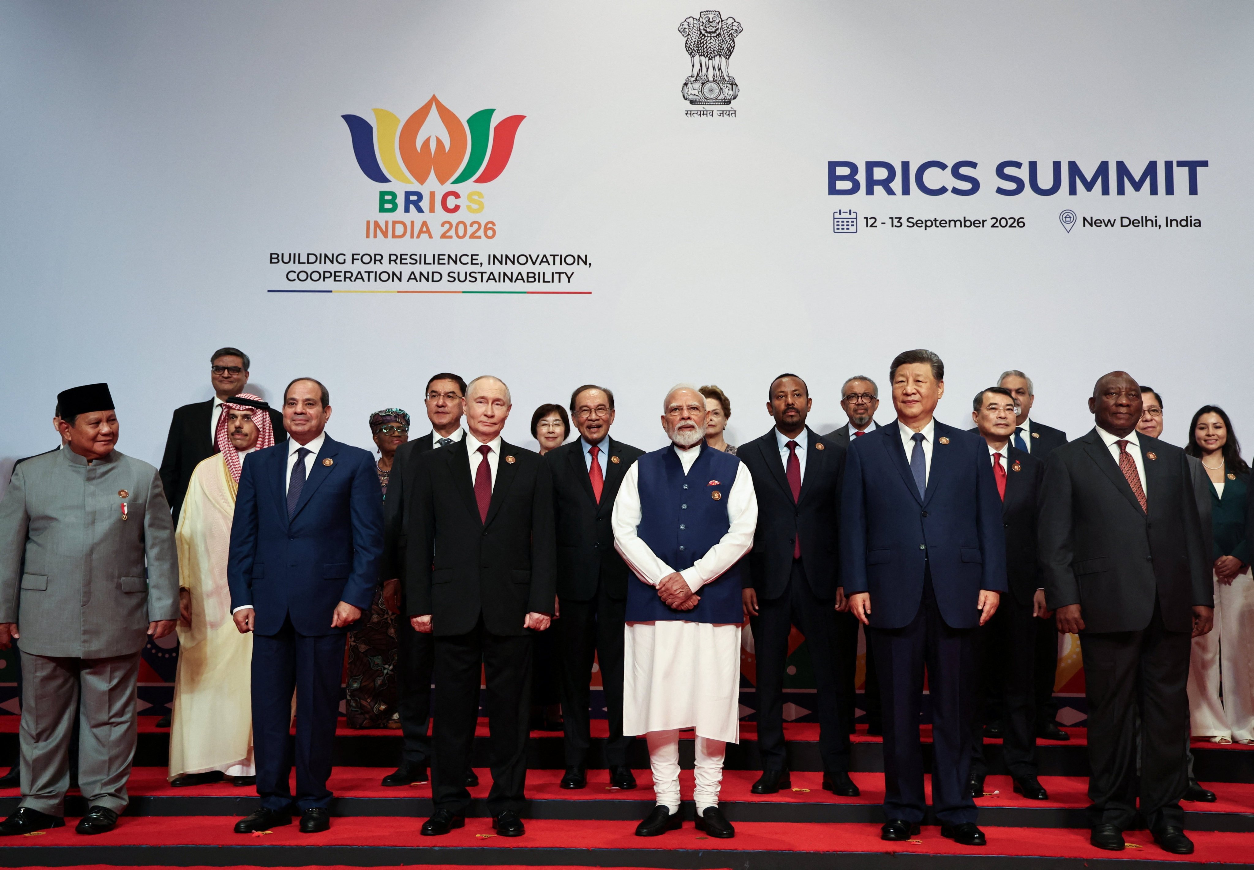 Heads of delegations pose for a photo on day two of the Brics summit in New Delhi, India, on Sunday. Photo: Reuters