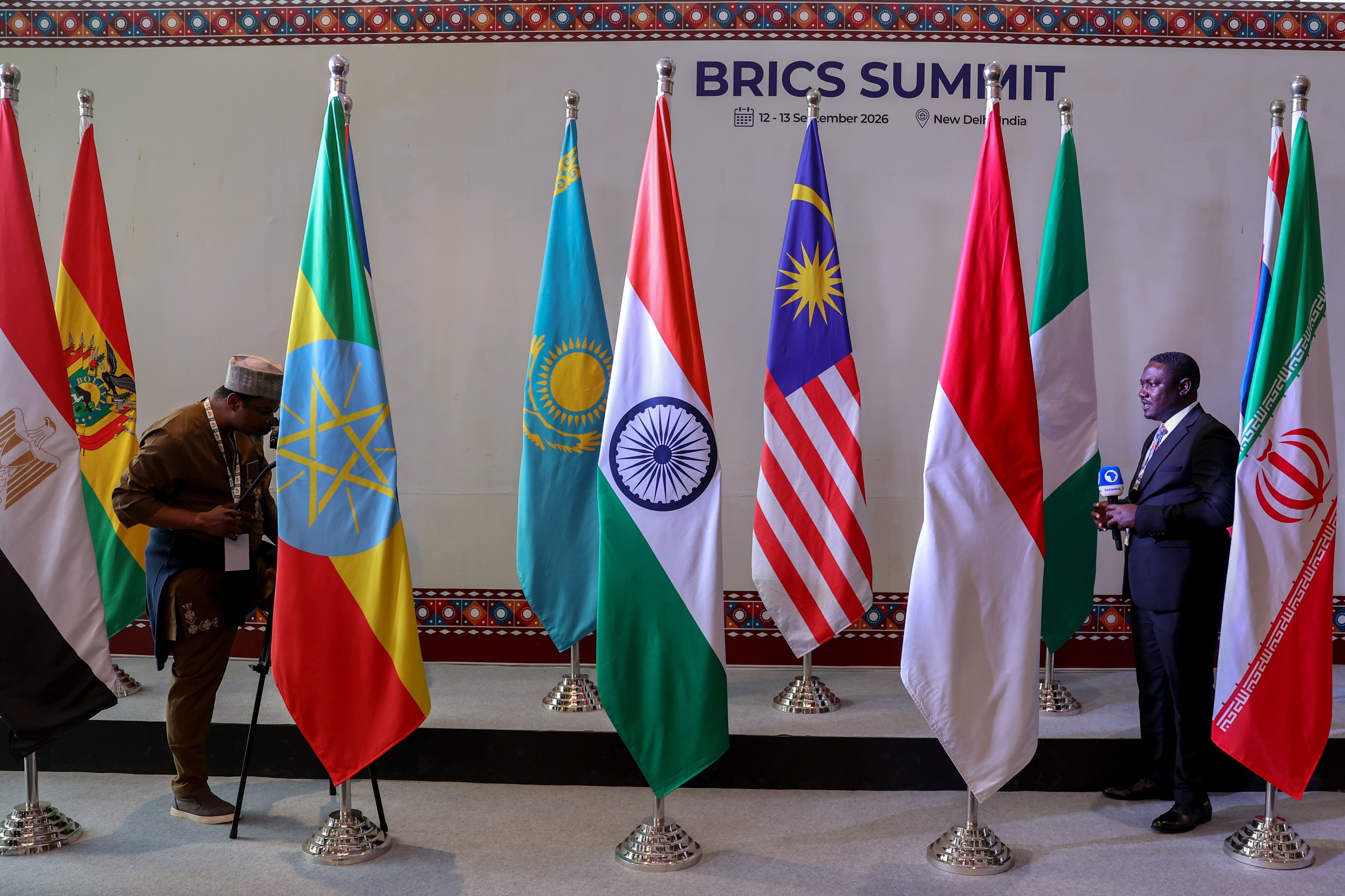 Flags of Brics member countries at the summit venue in New Delhi, India, on Sunday. Photo: EPA