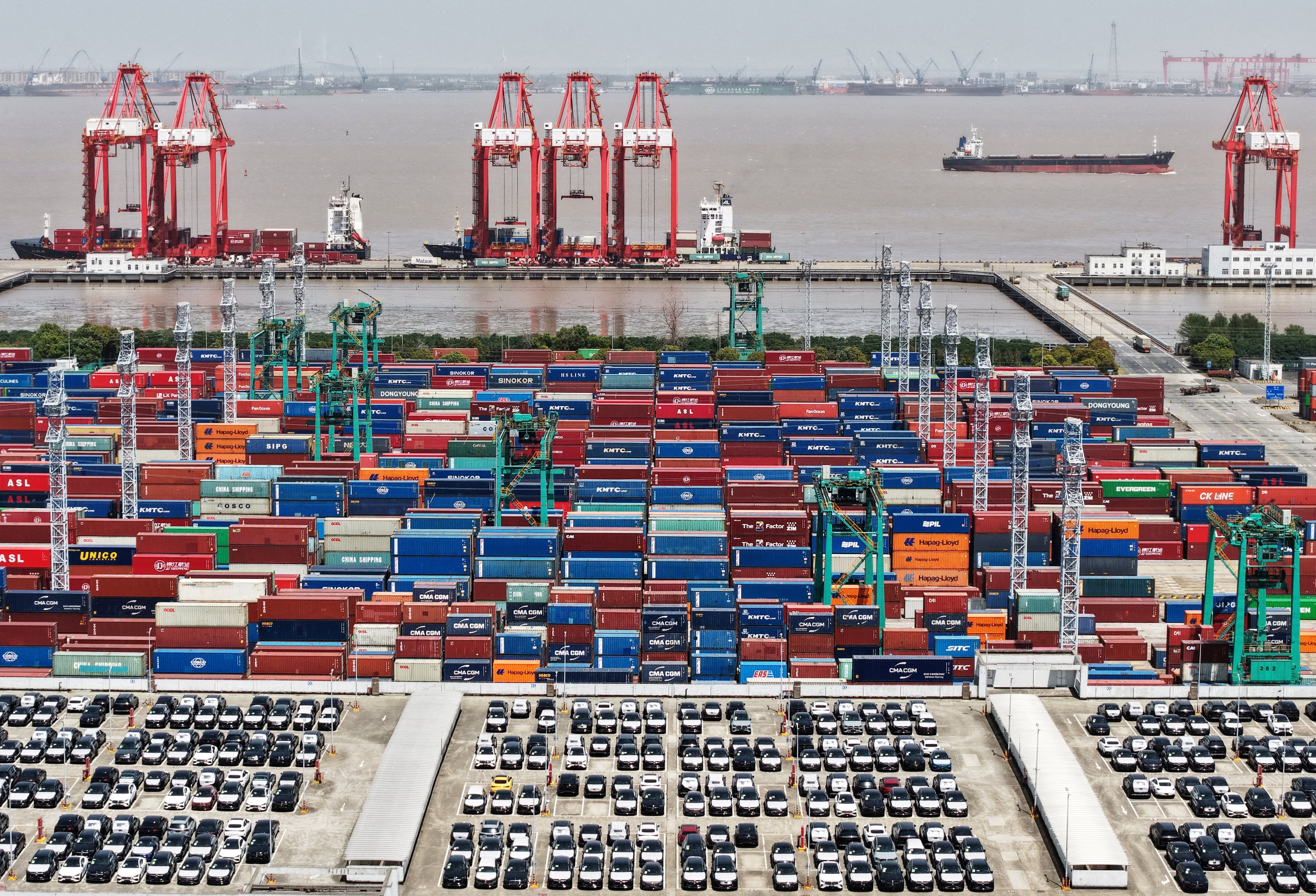 A drone view shows a port in Shanghai on April 13, 2025. Photo: Reuters