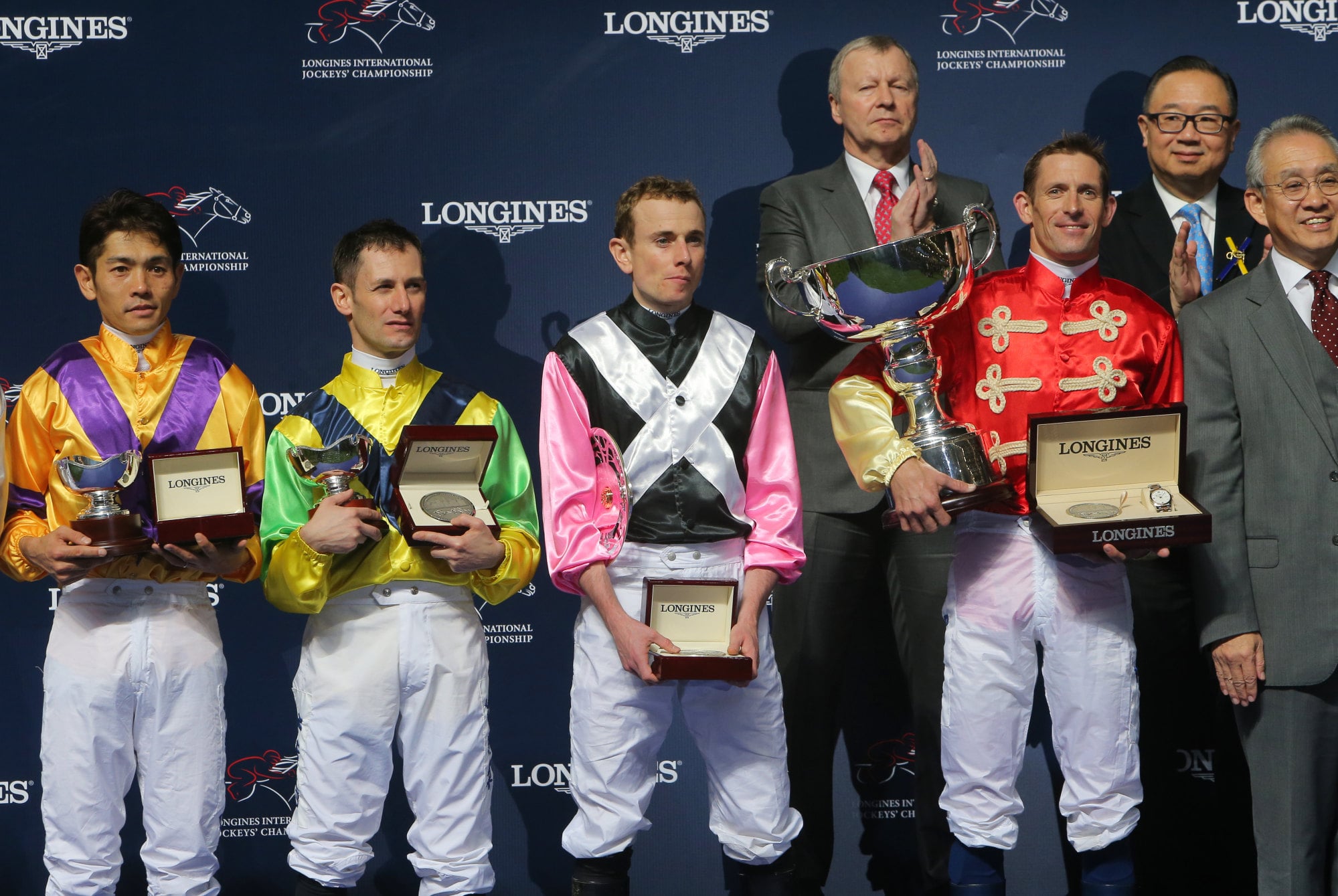 Hugh Bowman (right) celebrates his International Jockeys’ Championship win in 2016. Hugh Bowman (right) celebrates his International Jockeys’ Championship win in 2016.