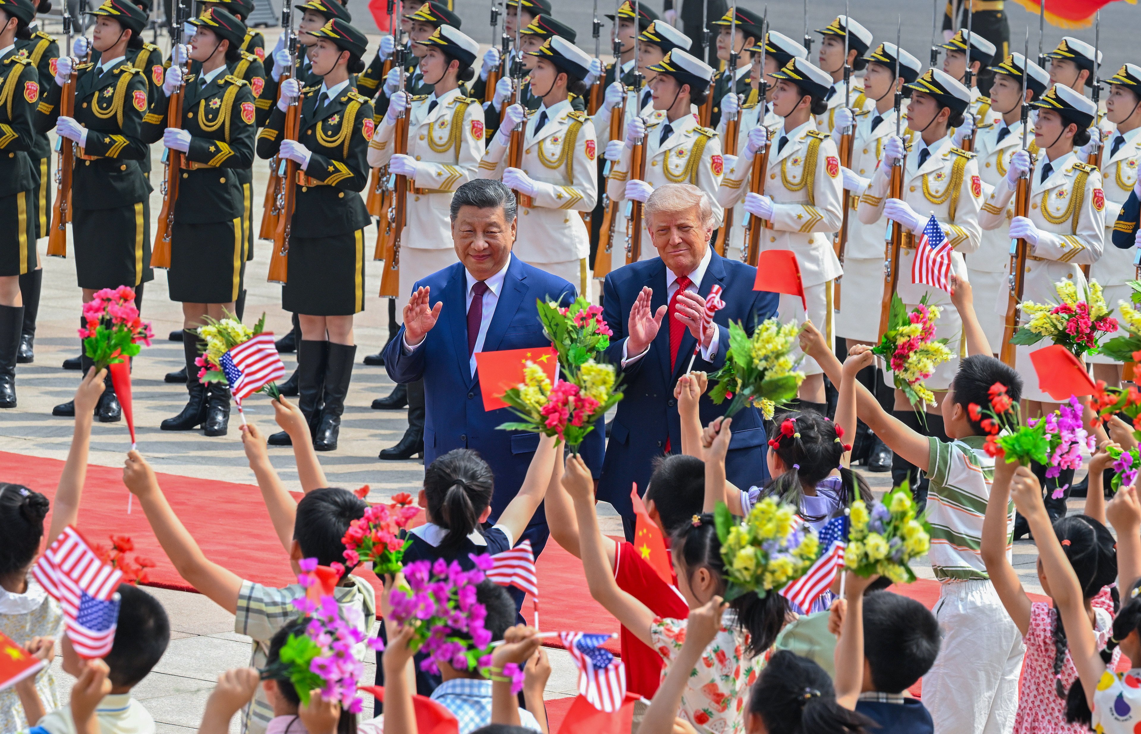 Chinese President Xi Jinping (centre left) holds a welcome ceremony for US President Donald Trump (centre right) in Beijing during the US leader’s state visit to China on May 14, 2026. Photo: Xinhua