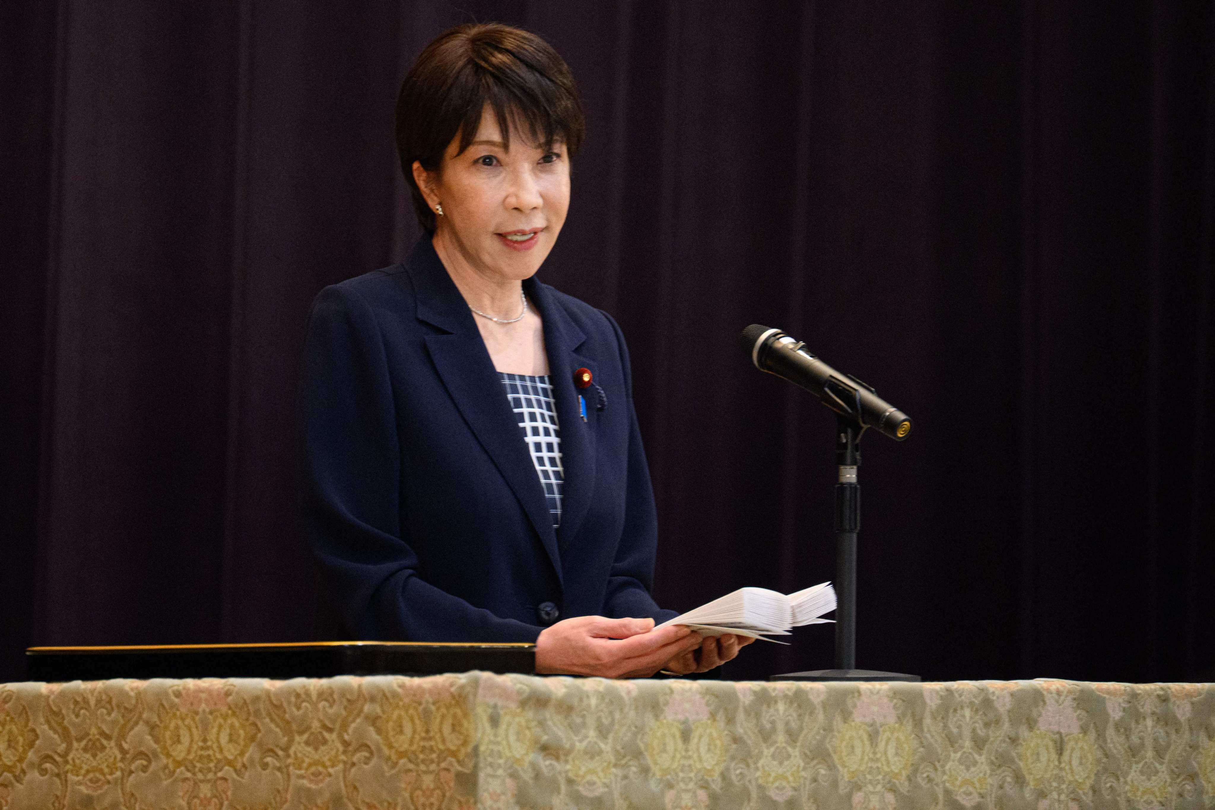 Japan’s Prime Minister Sanae Takaichi speaks during a conference at the Ministry of Defence in Tokyo on September 2. Photo: AFP