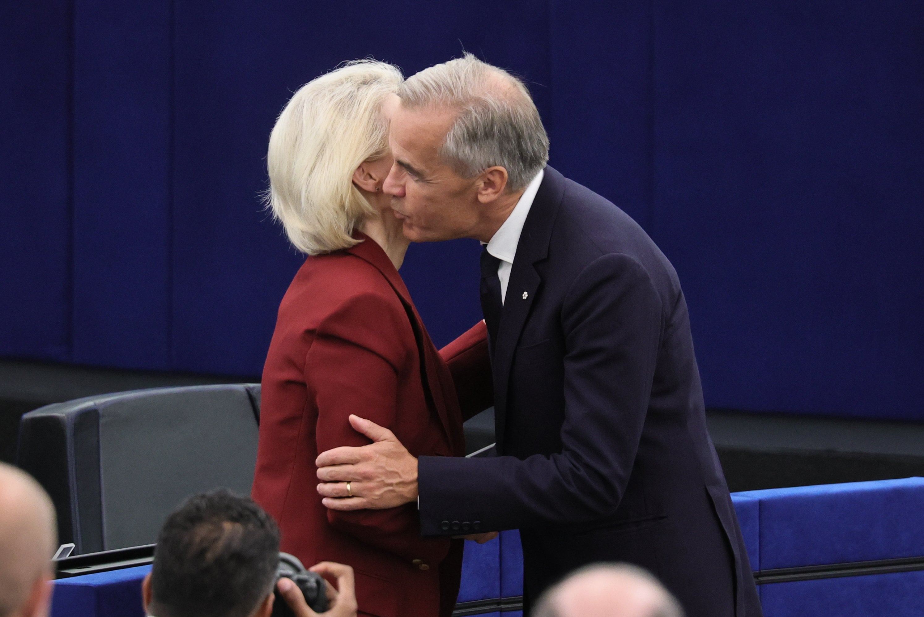 Canada’s Prime Minister Mark Carney (right) greets European Commission president Ursula von der Leyen at the European Parliament in Strasbourg, France, on Thursday. Photo: EPA