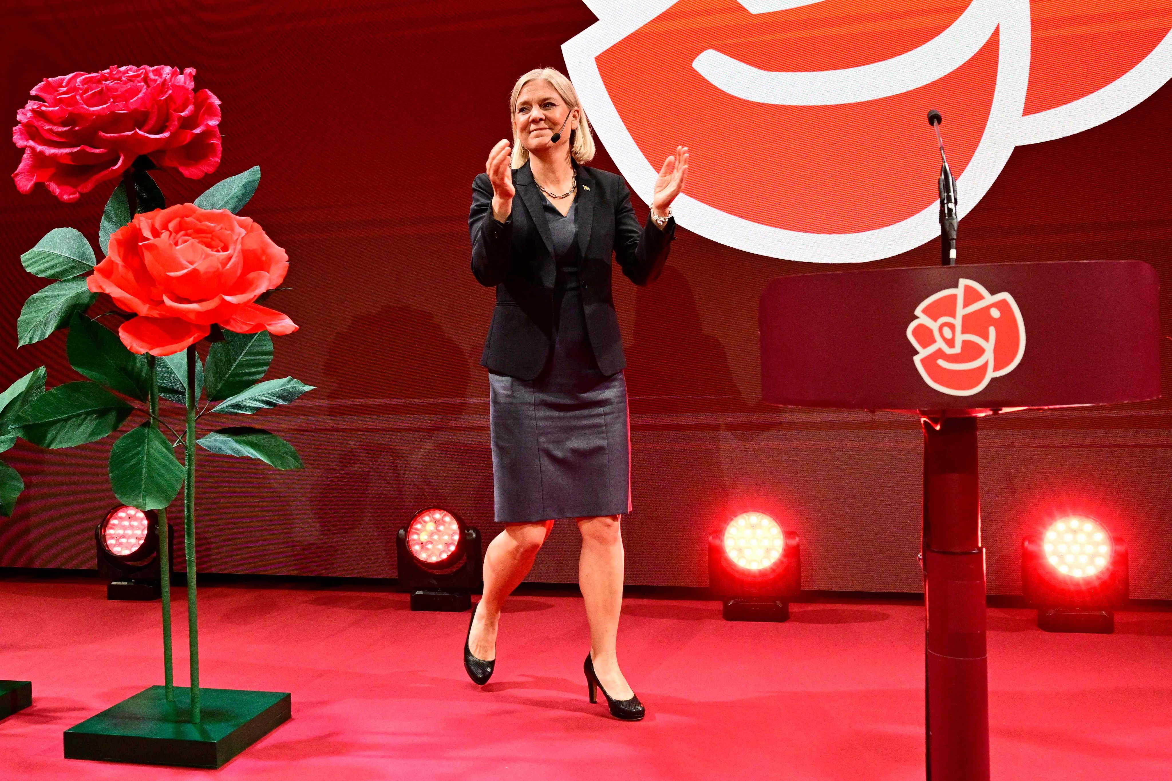 Sweden’s Social Democratic Party leader Magdalena Andersson speaks during the election night party in Stockholm on Sunday. Photo: TT News Agency/AFP